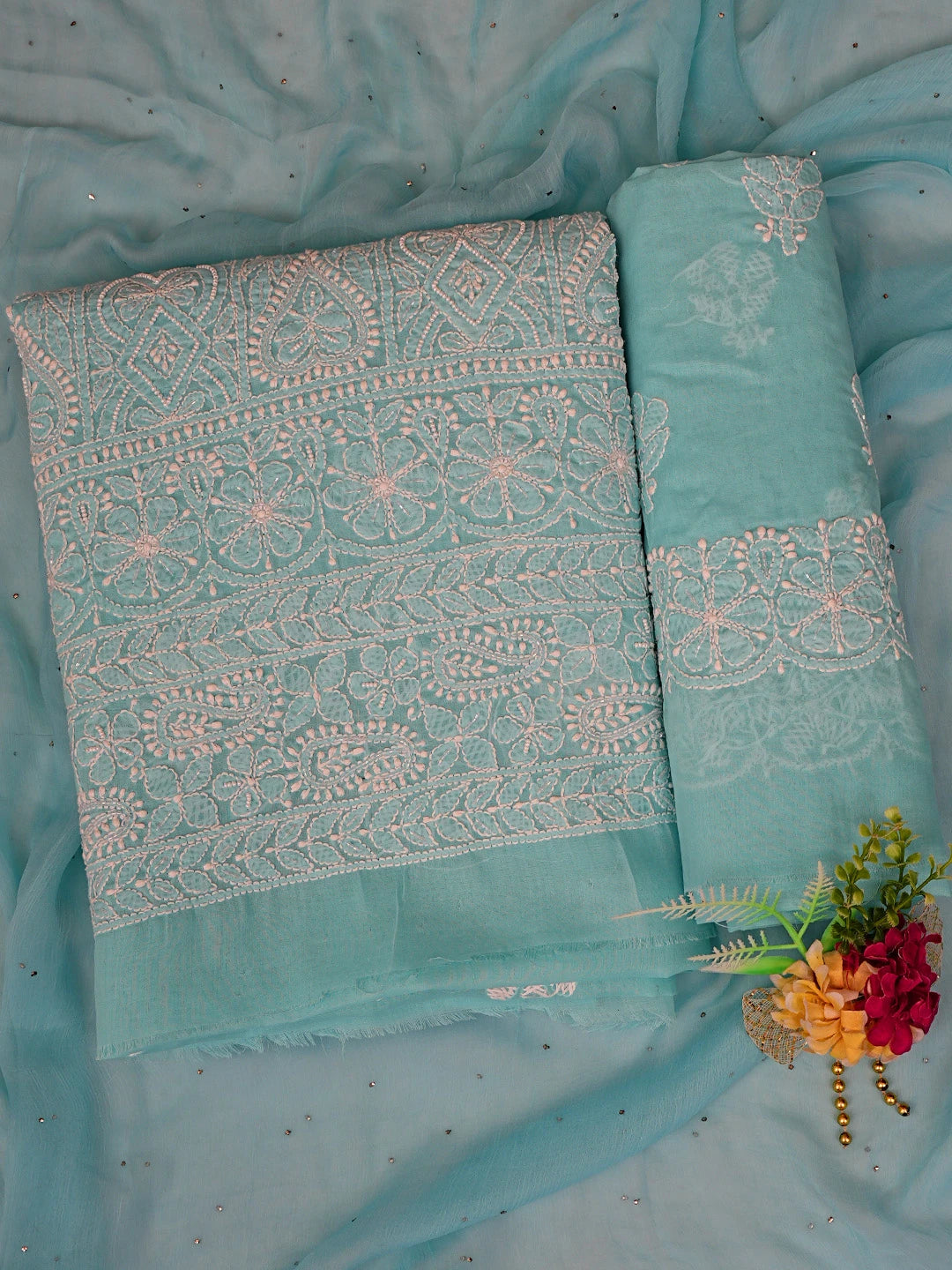Ada Hand Embroidered Blue Cotton Lucknowi Chikankari Unstitched Suit Piece With Pearl Work 01A762610