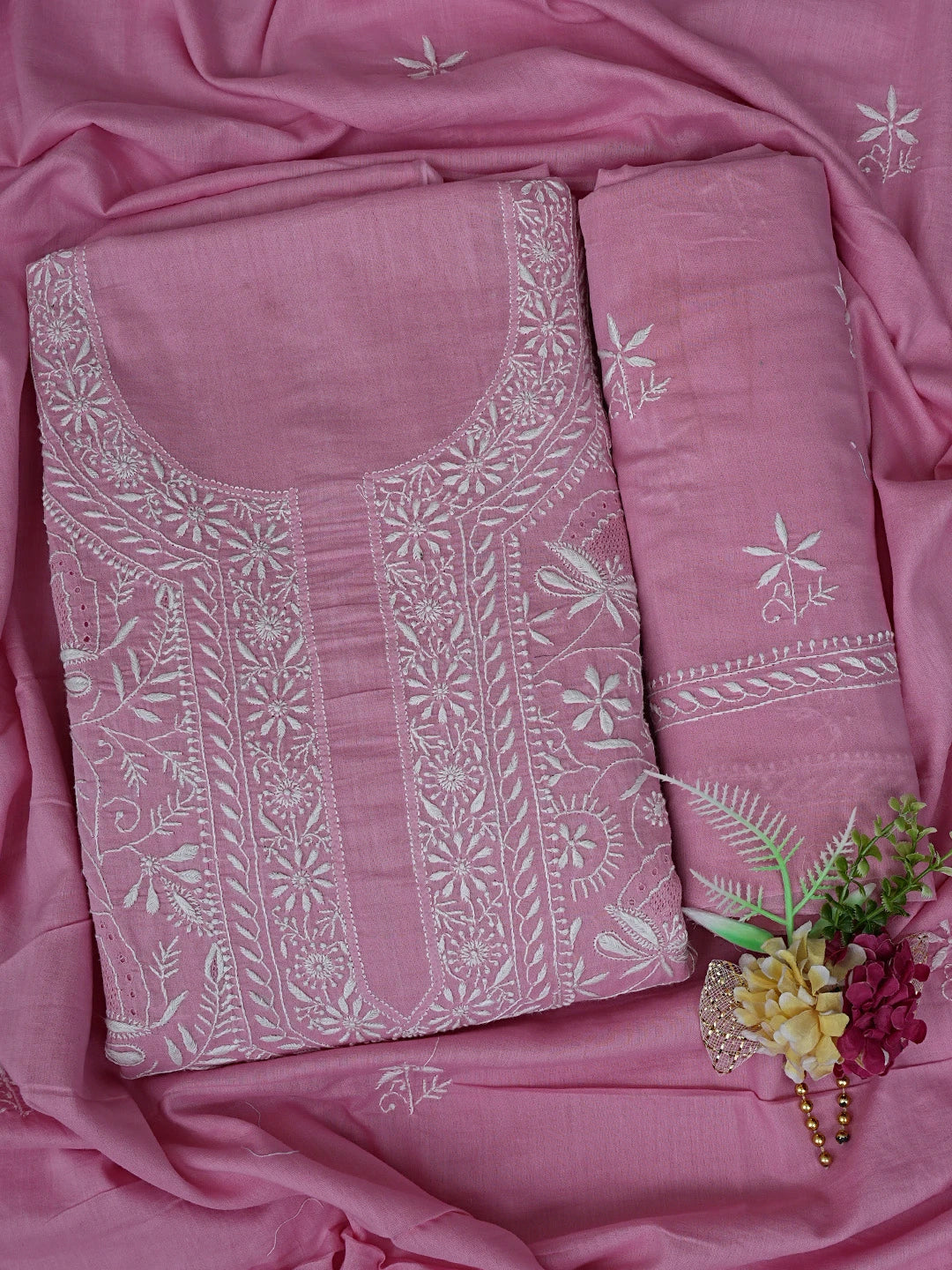 Ada Hand Embroidered Pink Pure Cotton Lucknowi Chikankari Unstitched Suit Piece 01A858192