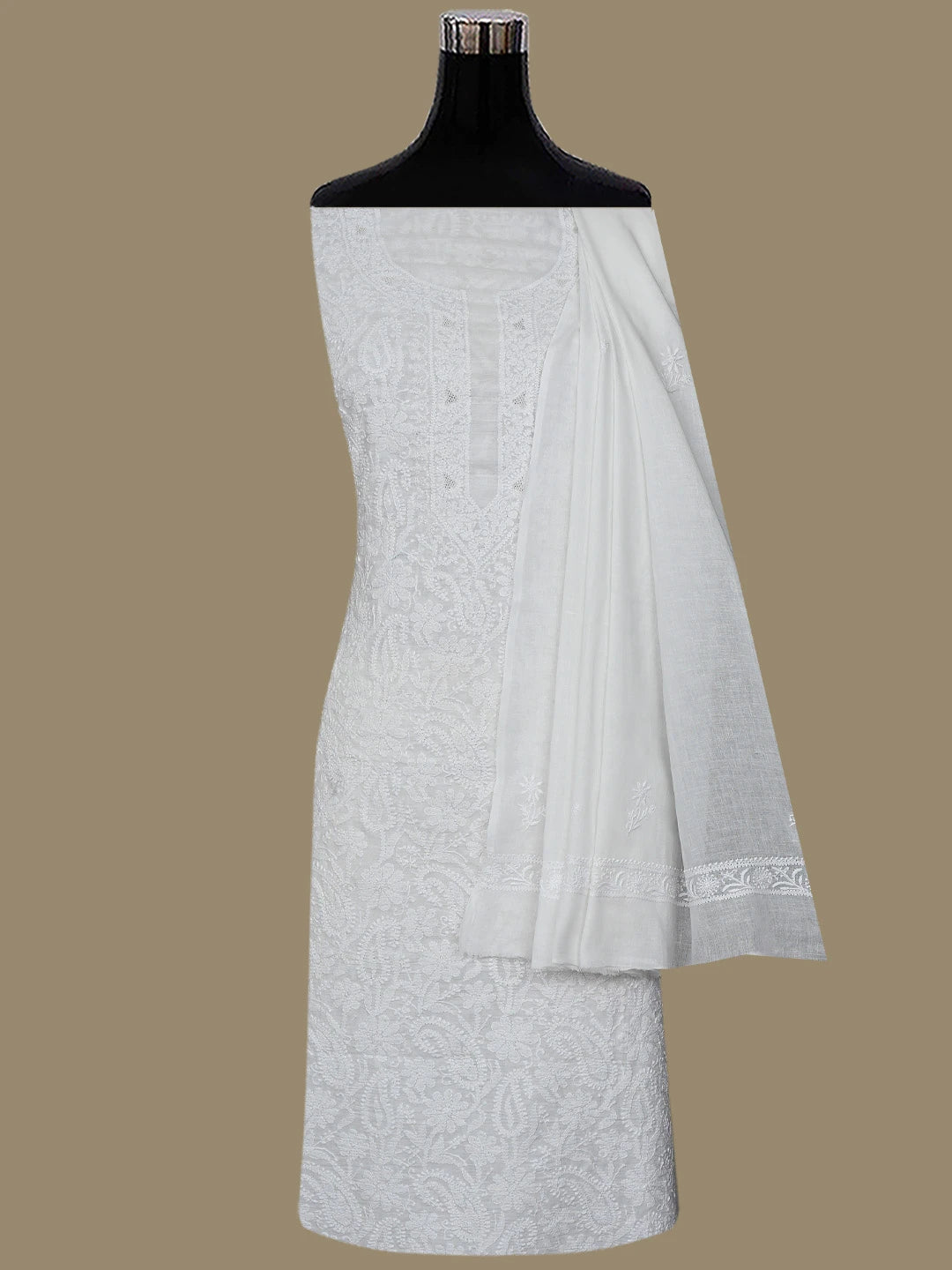 Ada Hand Embroidered White Pure Cotton Lucknowi Chikankari Unstitched Kurta Dupatta Set 01A858197