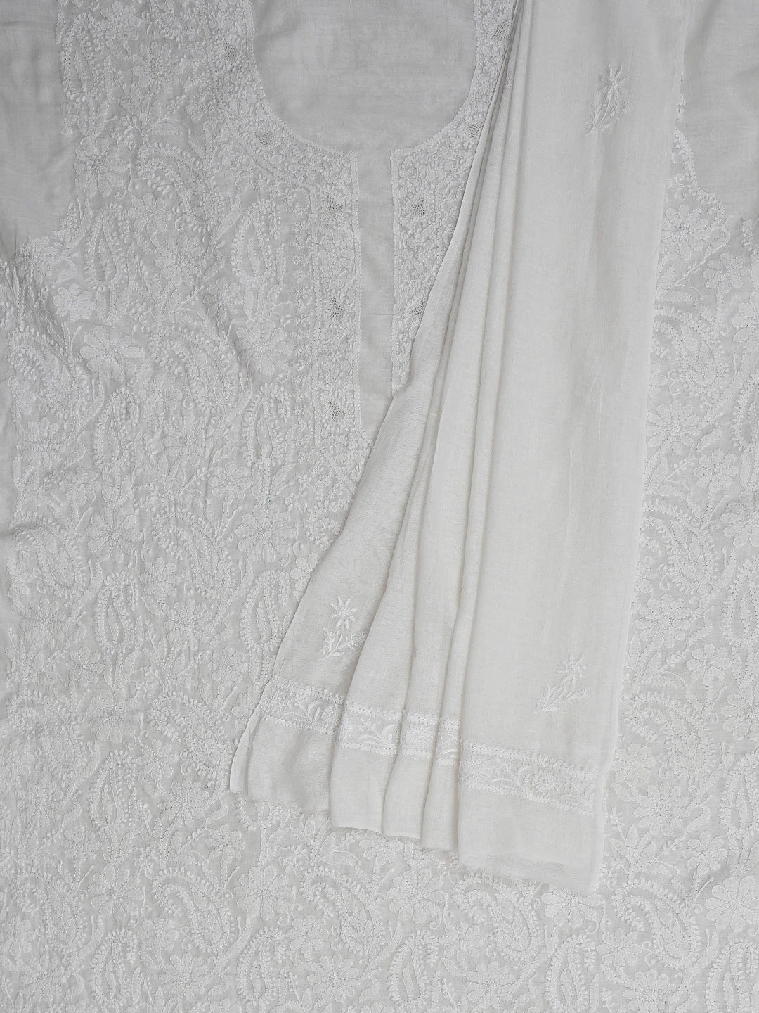 Ada Hand Embroidered White Pure Cotton Lucknowi Chikankari Unstitched Kurta Dupatta Set 01A858197