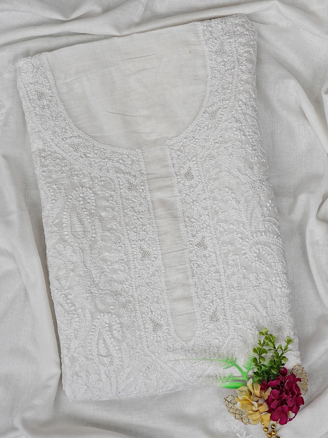 Ada Hand Embroidered White Pure Cotton Lucknowi Chikankari Unstitched Kurta Dupatta Set 01A858197