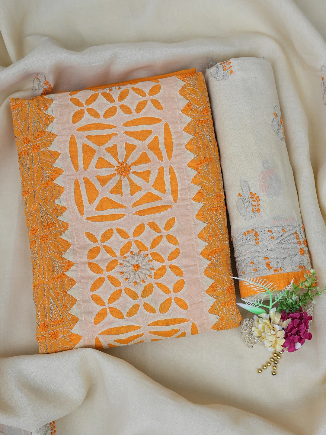 Ada Hand Embroidered Mustard Cotton Lucknowi Chikankari Unstitched Suit Piece 01A845179