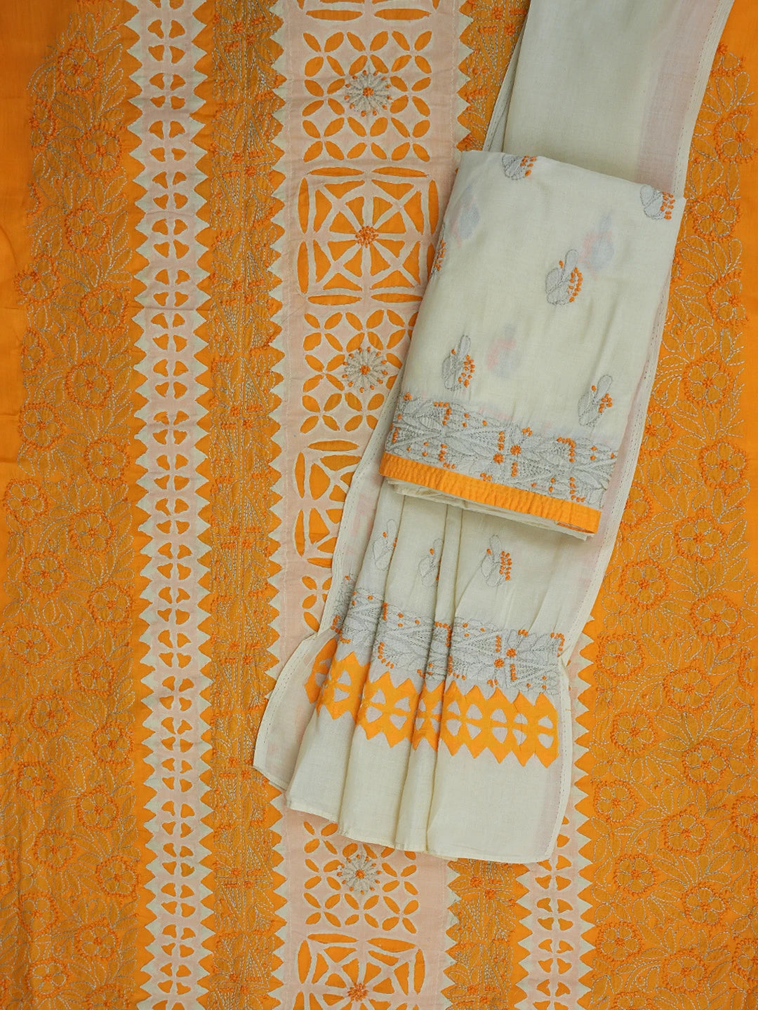 Ada Hand Embroidered Mustard Cotton Lucknowi Chikankari Unstitched Suit Piece 01A845179