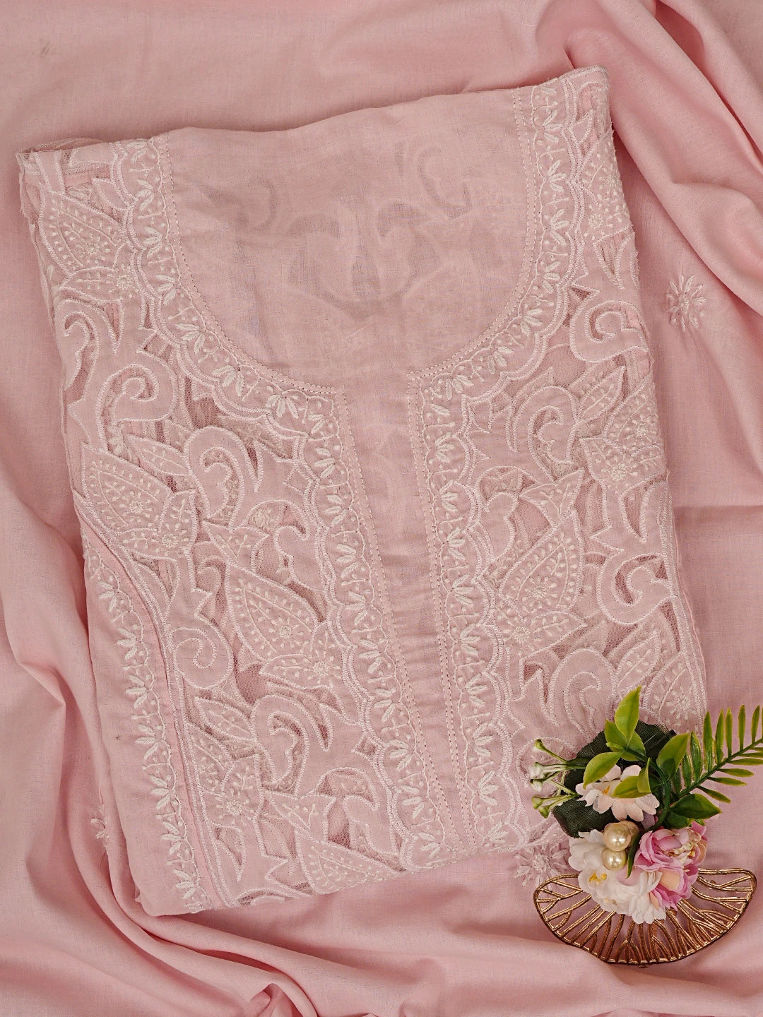 Ada Hand Embroidered Pink Cotton And Net Lucknowi Chikankari Semi-Stitched Kurta Dupatta Set 01A813831