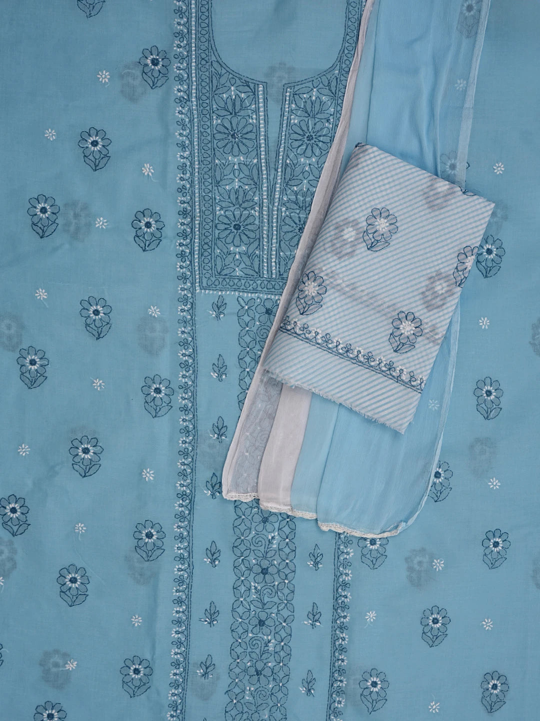 Ada Hand Embroidered Bright Blue Cotton Lucknowi Chikankari Unstitched Suit Piece 01A863035