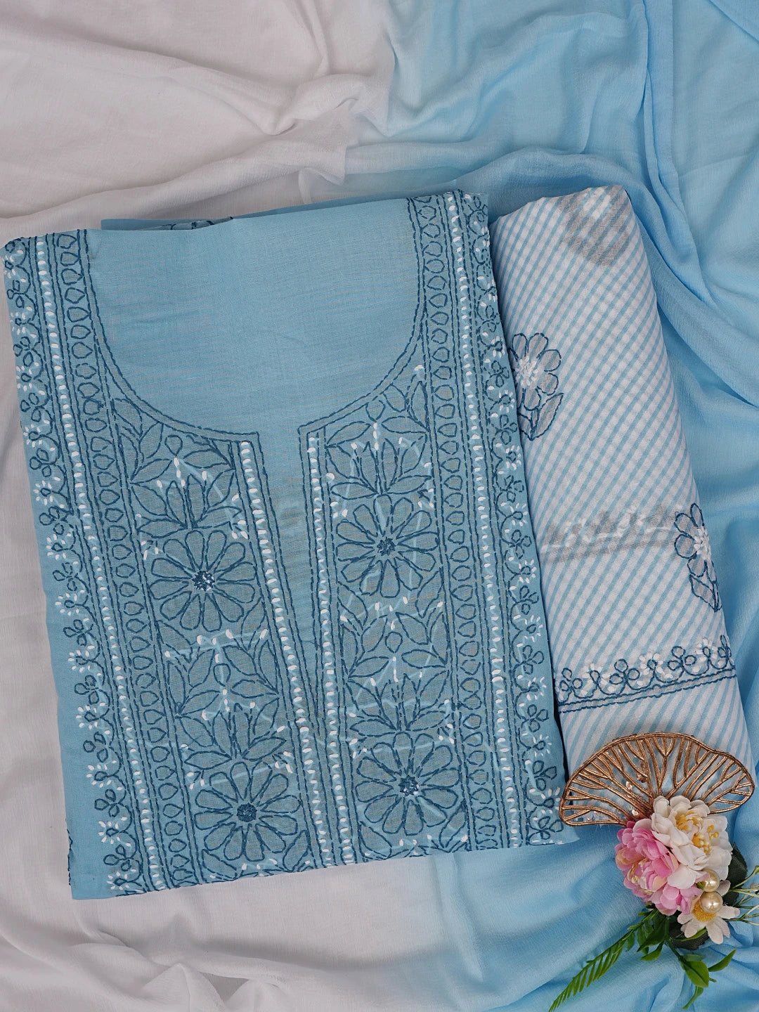 Ada Hand Embroidered Bright Blue Cotton Lucknowi Chikankari Unstitched Suit Piece 01A863035