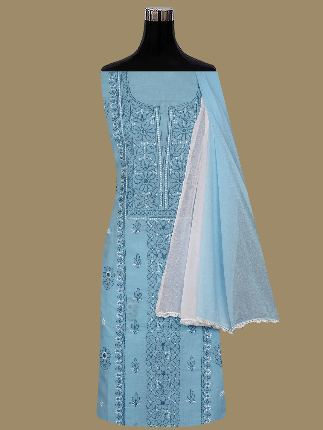 Ada Hand Embroidered Bright Blue Cotton Lucknowi Chikankari Unstitched Suit Piece 01A863035