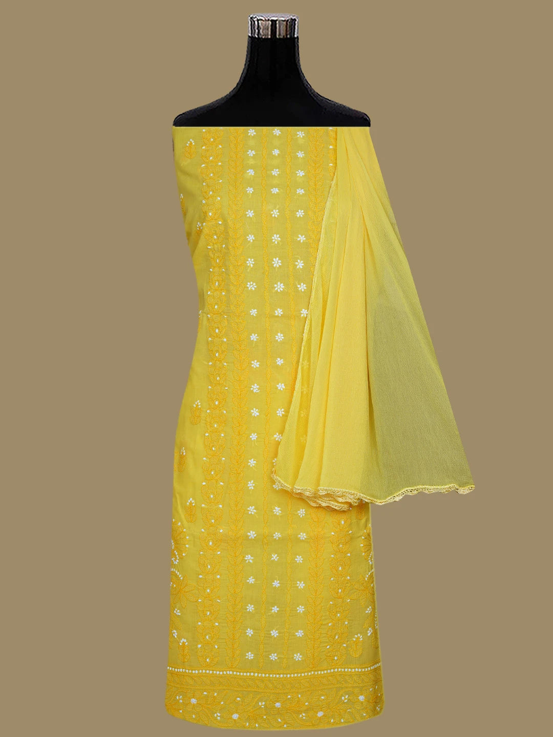 Ada Hand Embroidered Yellow Cotton Lucknowi Chikankari Unstitched Suit Piece 01A863031