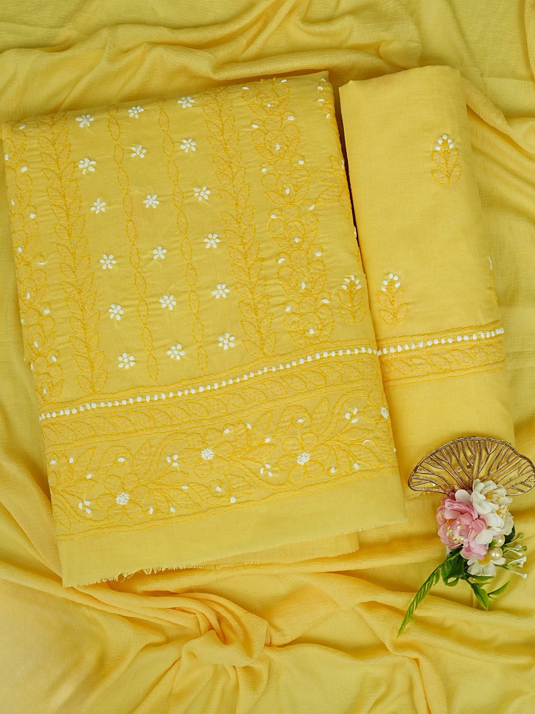 Ada Hand Embroidered Yellow Cotton Lucknowi Chikankari Unstitched Suit Piece 01A863031