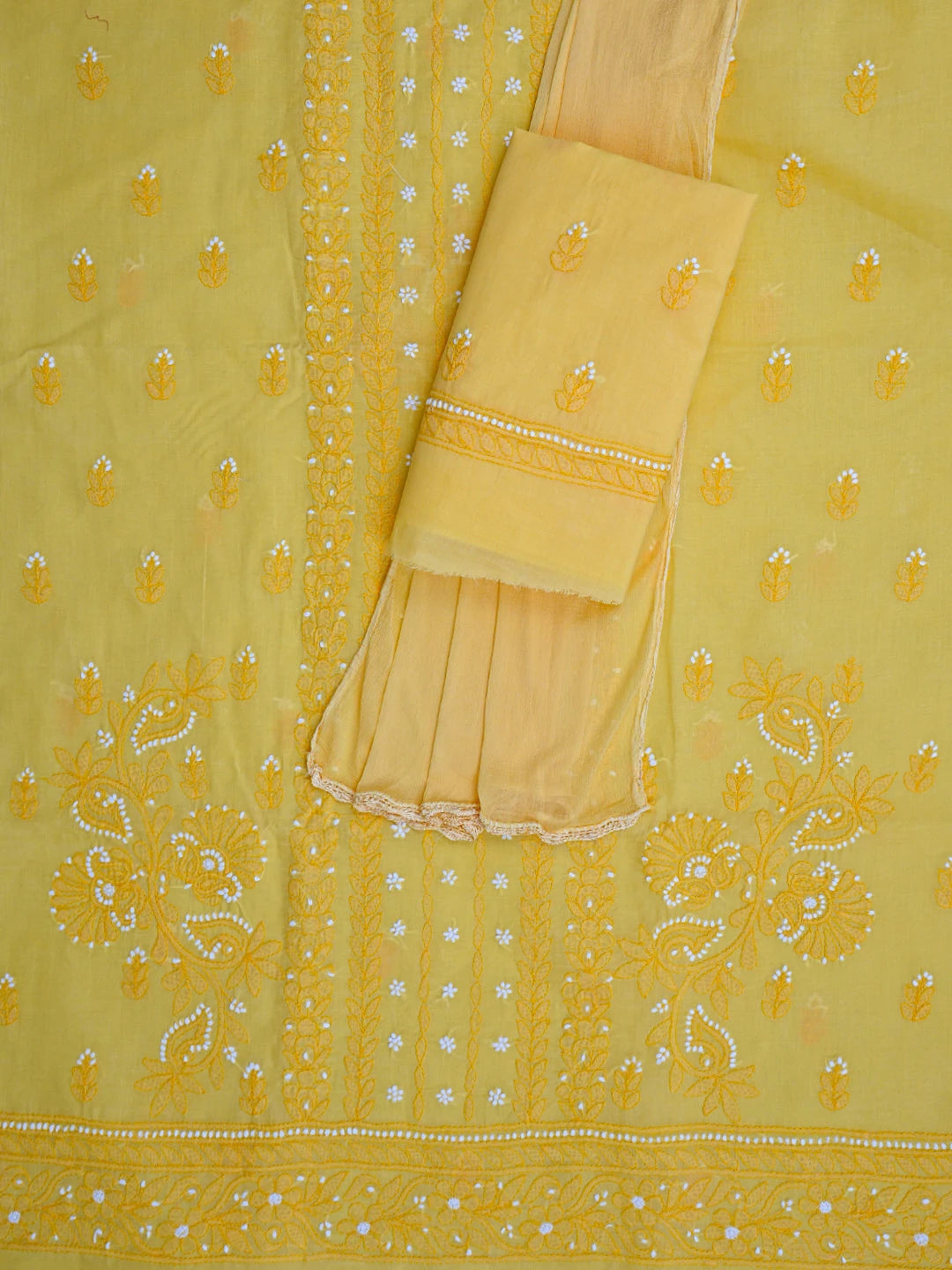 Ada Hand Embroidered Yellow Cotton Lucknowi Chikankari Unstitched Suit Piece 01A863031