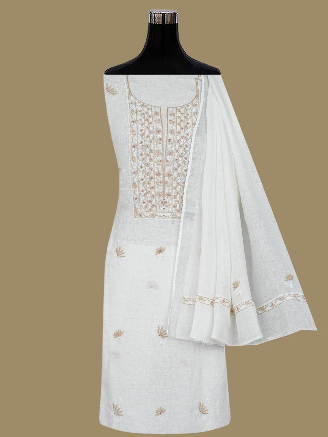 Ada Hand Embroidered White Khadi Lucknowi Chikankari Unstitched Kurta Dupatta Set 01A841574
