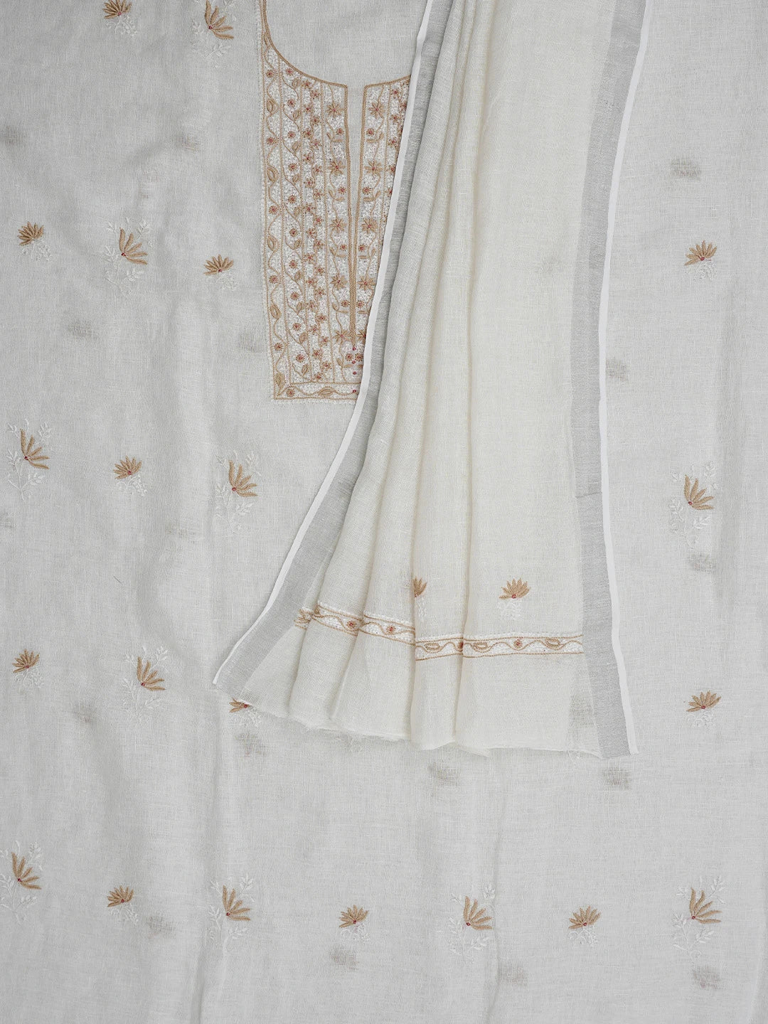 Ada Hand Embroidered White Khadi Lucknowi Chikankari Unstitched Kurta Dupatta Set 01A841574