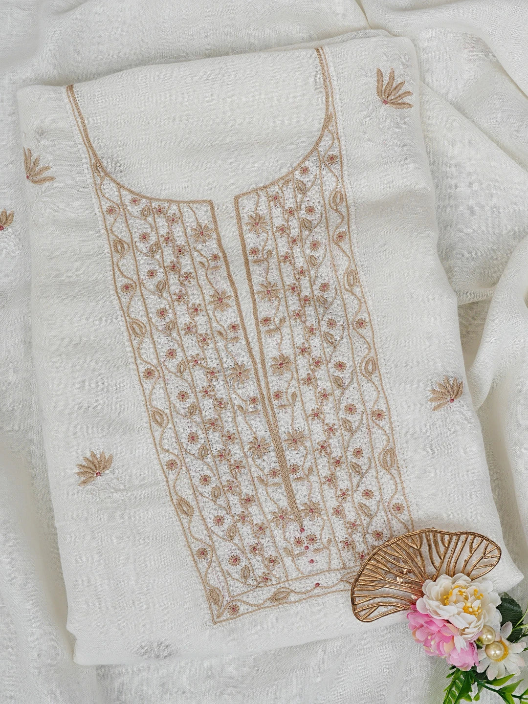 Ada Hand Embroidered White Khadi Lucknowi Chikankari Unstitched Kurta Dupatta Set 01A841574