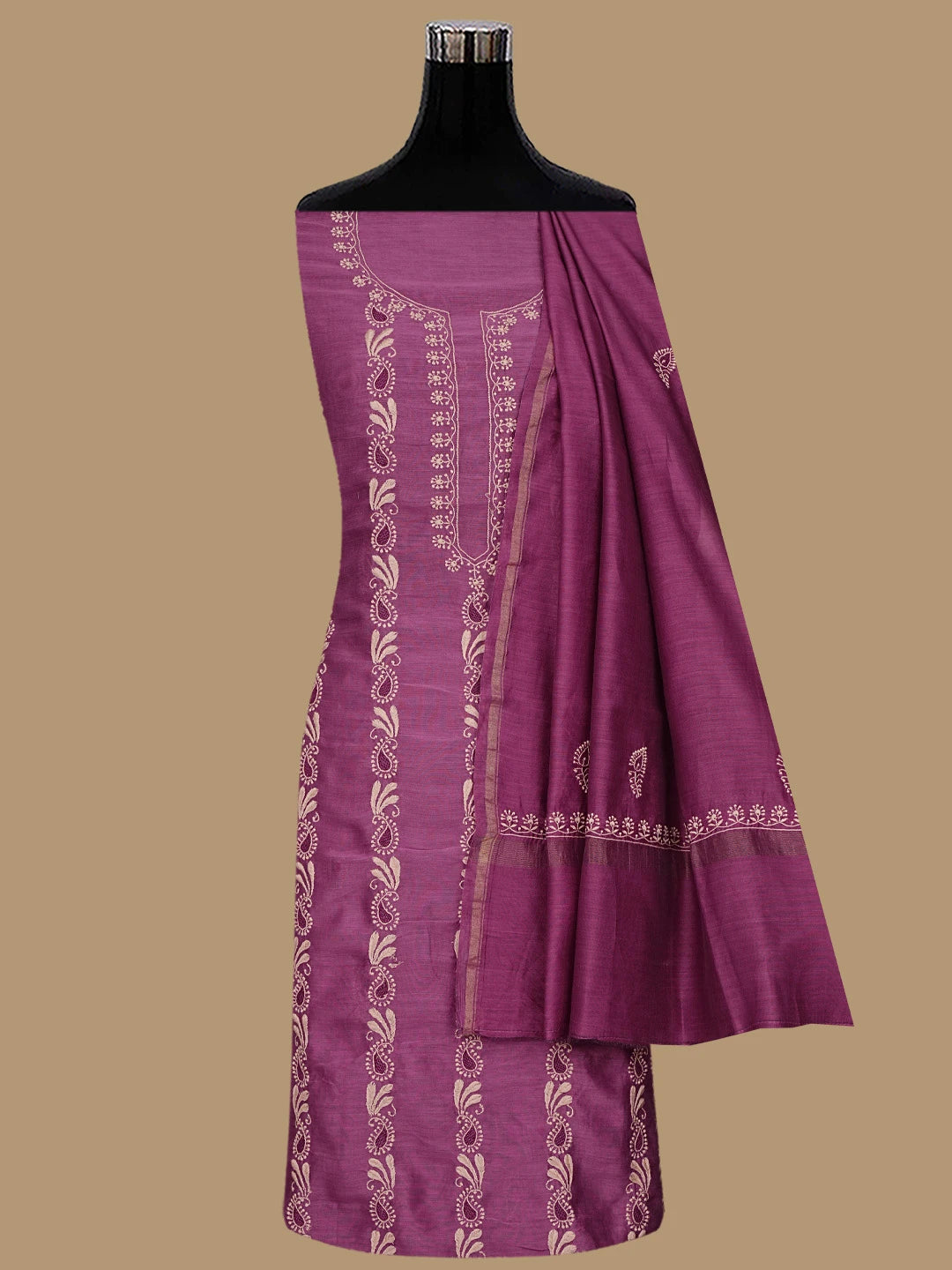 Ada Hand Embroidered Magenta Pure Chanderi Lucknowi Chikankari Unstitched Kurta Dupatta Set 01A858215