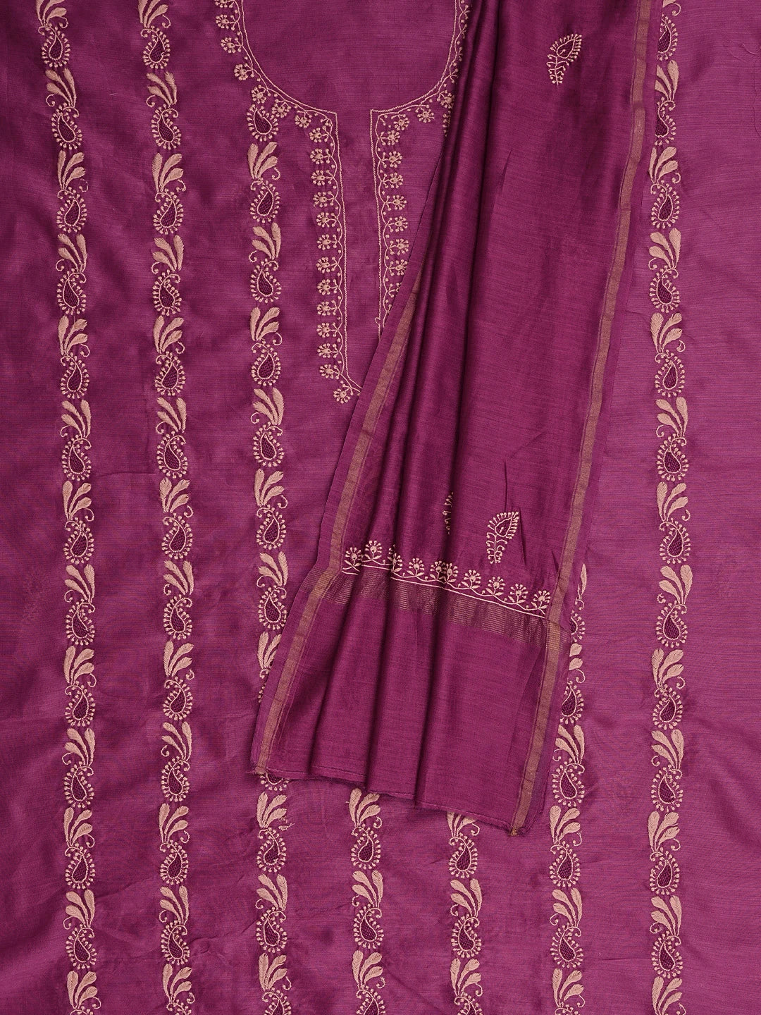 Ada Hand Embroidered Magenta Pure Chanderi Lucknowi Chikankari Unstitched Kurta Dupatta Set 01A858215