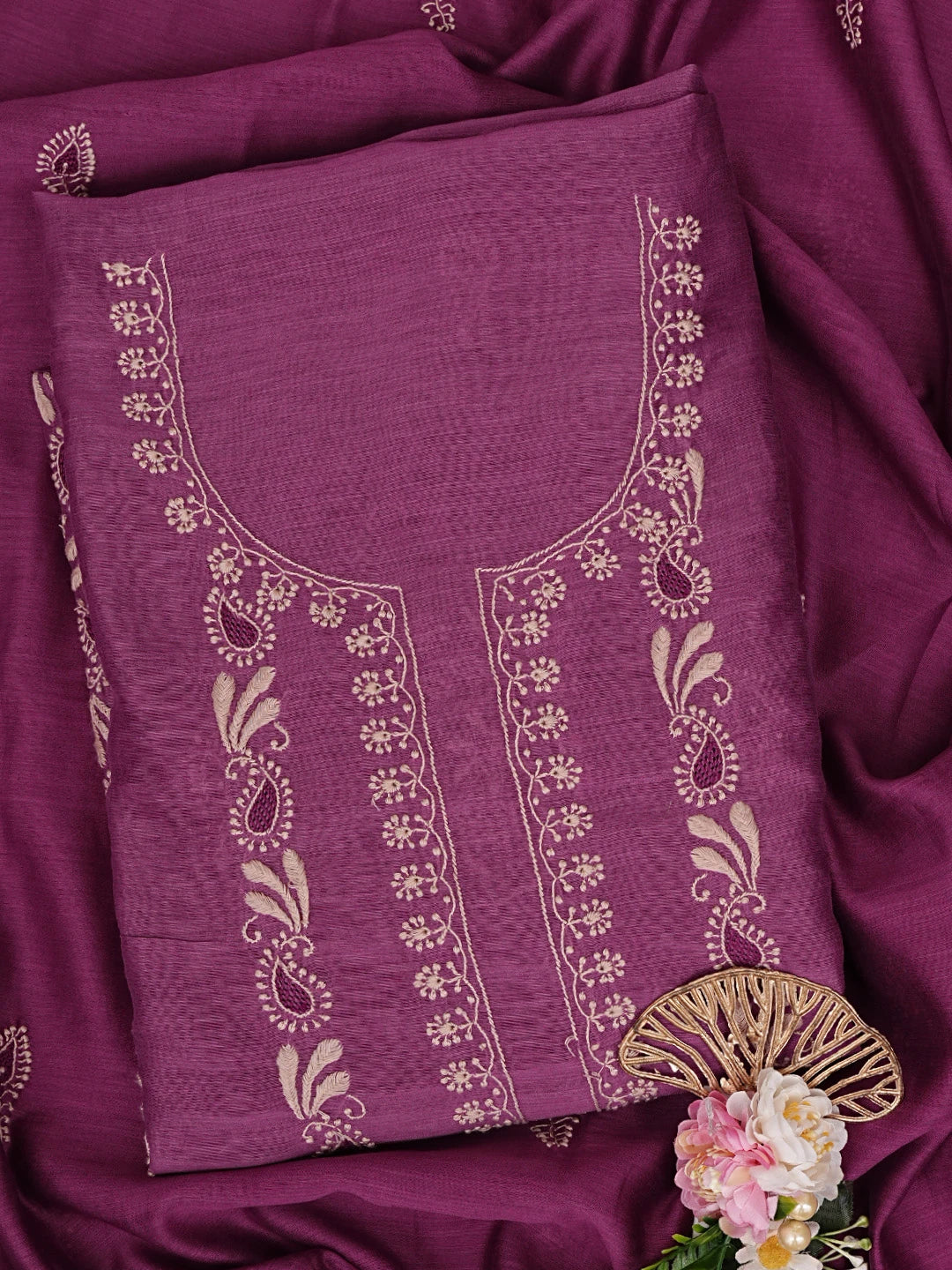 Ada Hand Embroidered Magenta Pure Chanderi Lucknowi Chikankari Unstitched Kurta Dupatta Set 01A858215