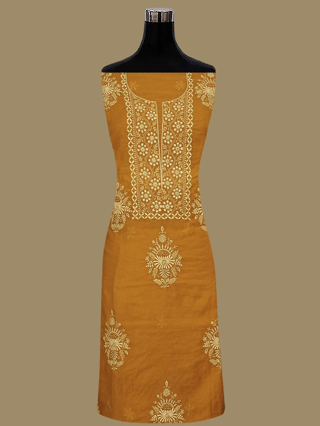Ada Hand Embroidered Mustard Pure Chanderi Lucknowi Chikankari Unstitched Kurta Dupatta Set 01A420707