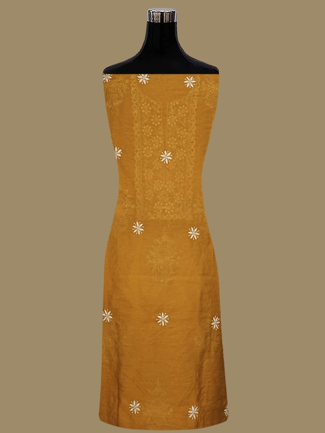Ada Hand Embroidered Mustard Pure Chanderi Lucknowi Chikankari Unstitched Kurta Dupatta Set 01A420707