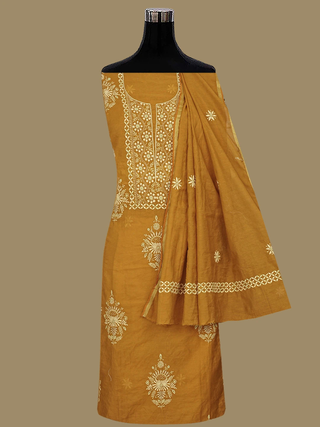 Ada Hand Embroidered Mustard Pure Chanderi Lucknowi Chikankari Unstitched Kurta Dupatta Set 01A420707