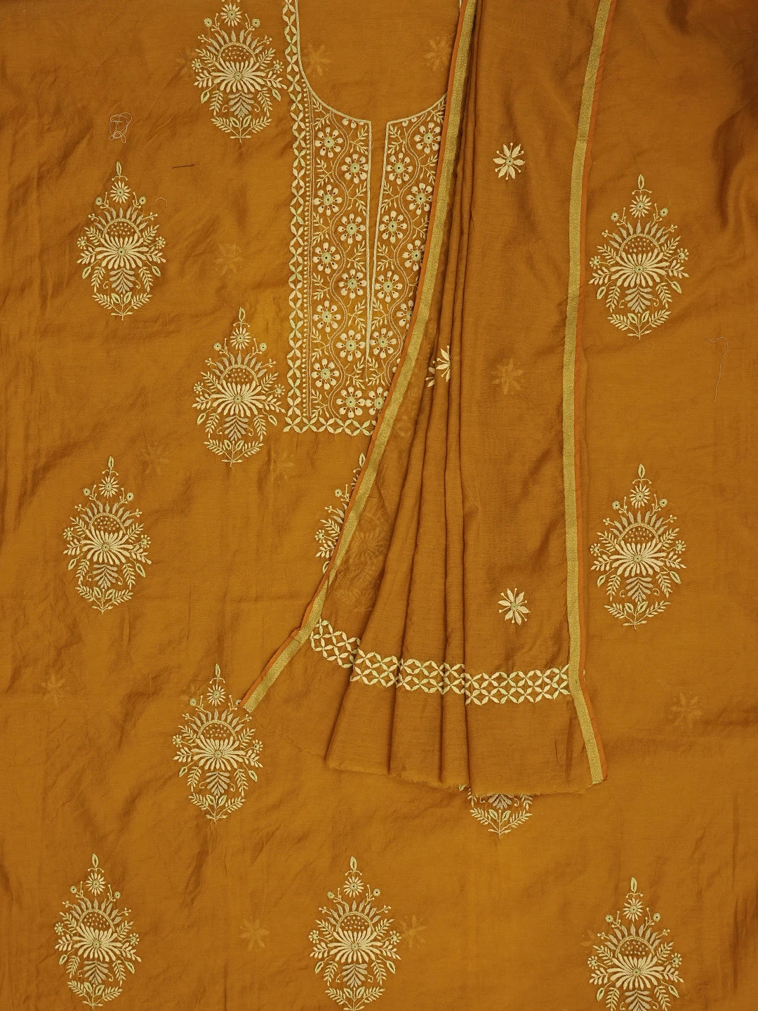 Ada Hand Embroidered Mustard Pure Chanderi Lucknowi Chikankari Unstitched Kurta Dupatta Set 01A420707