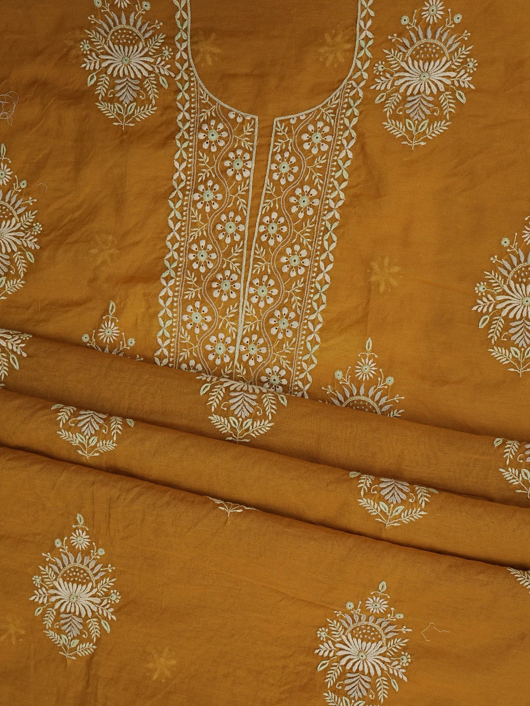 Ada Hand Embroidered Mustard Pure Chanderi Lucknowi Chikankari Unstitched Kurta Dupatta Set 01A420707