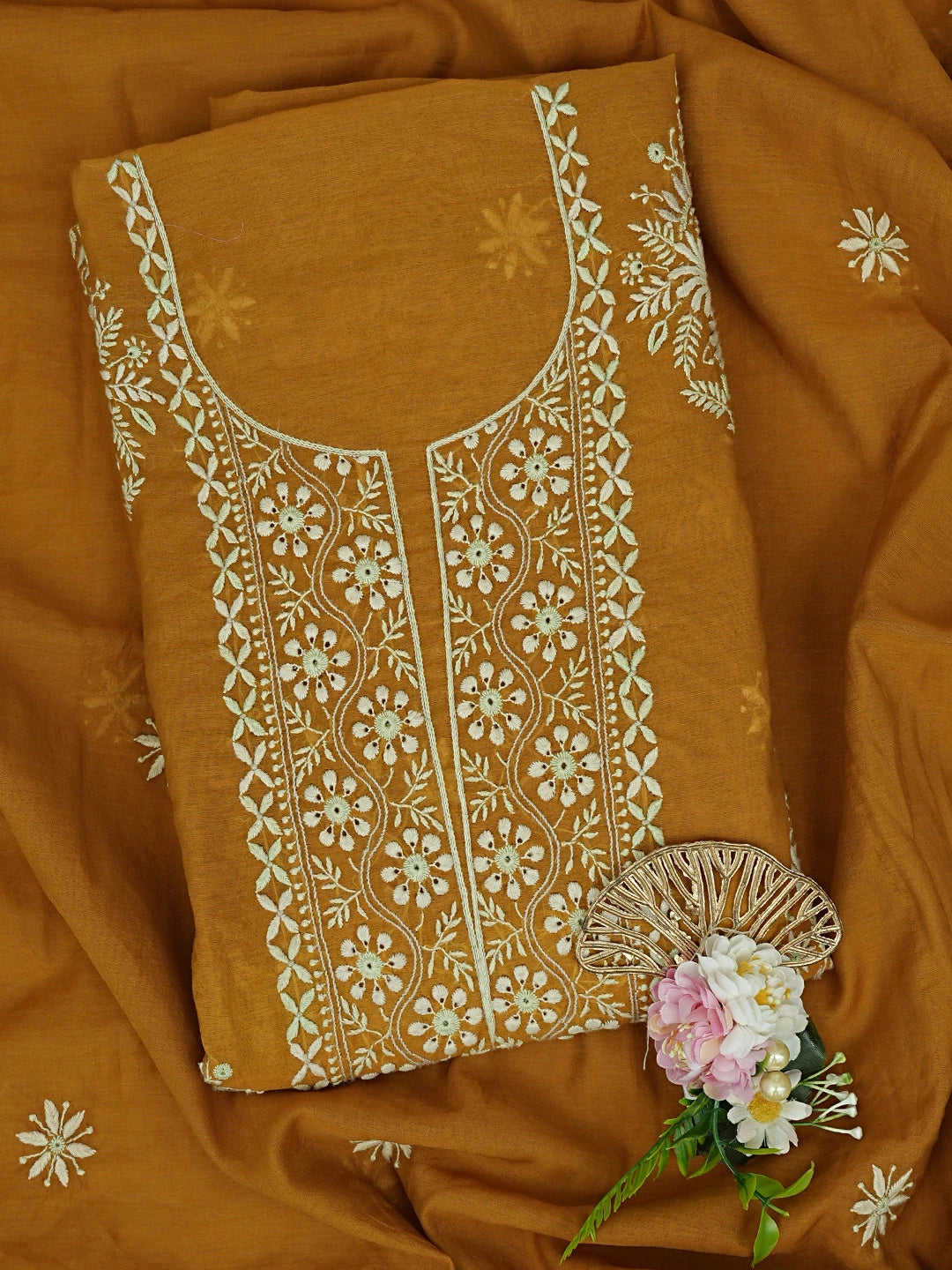 Ada Hand Embroidered Mustard Pure Chanderi Lucknowi Chikankari Unstitched Kurta Dupatta Set 01A420707