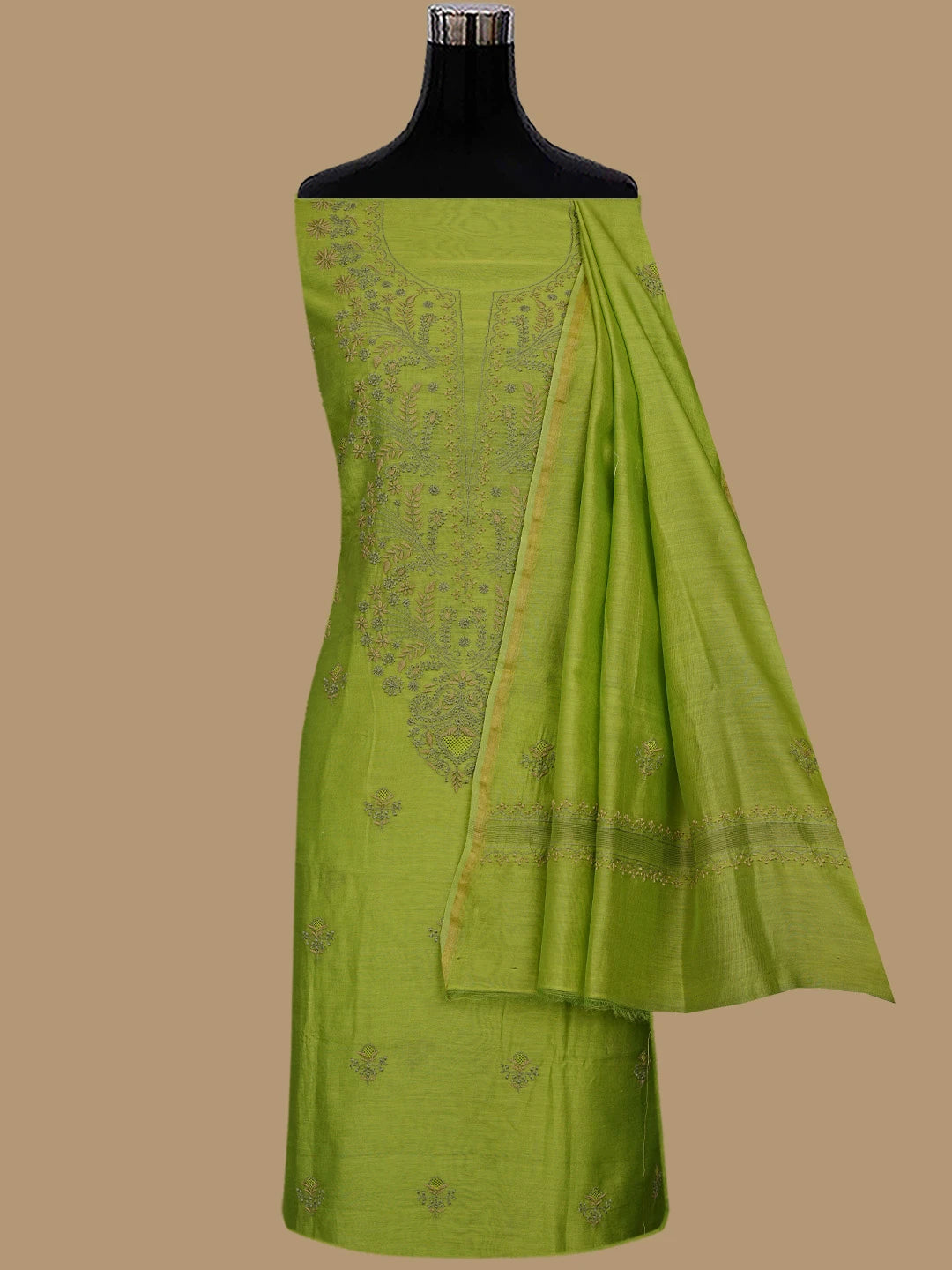 Ada Hand Embroidered Green Chanderi Lucknowi Chikankari Unstitched Kurta Dupatta Set 01A835825
