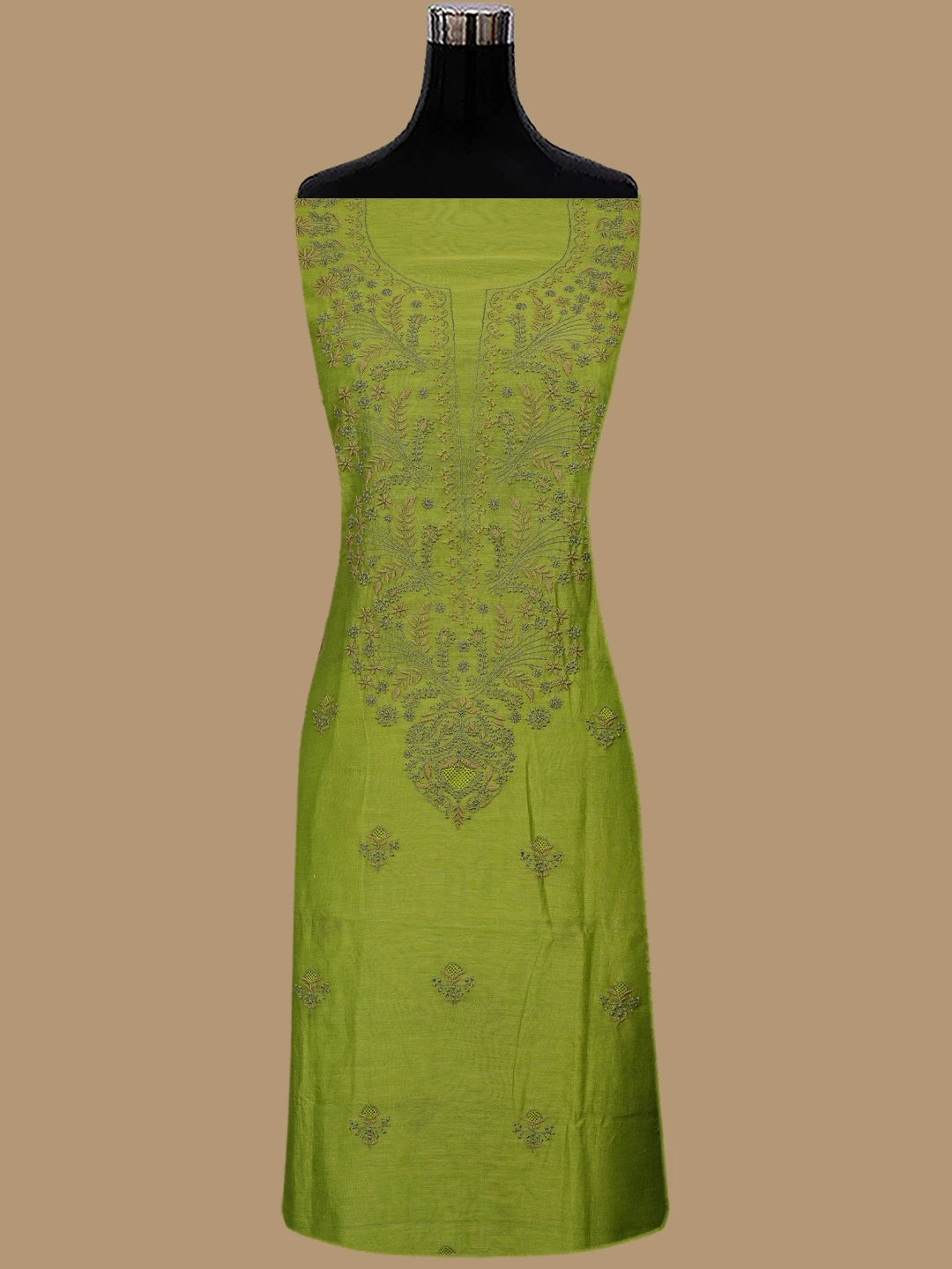 Ada Hand Embroidered Green Chanderi Lucknowi Chikankari Unstitched Kurta Dupatta Set 01A835825