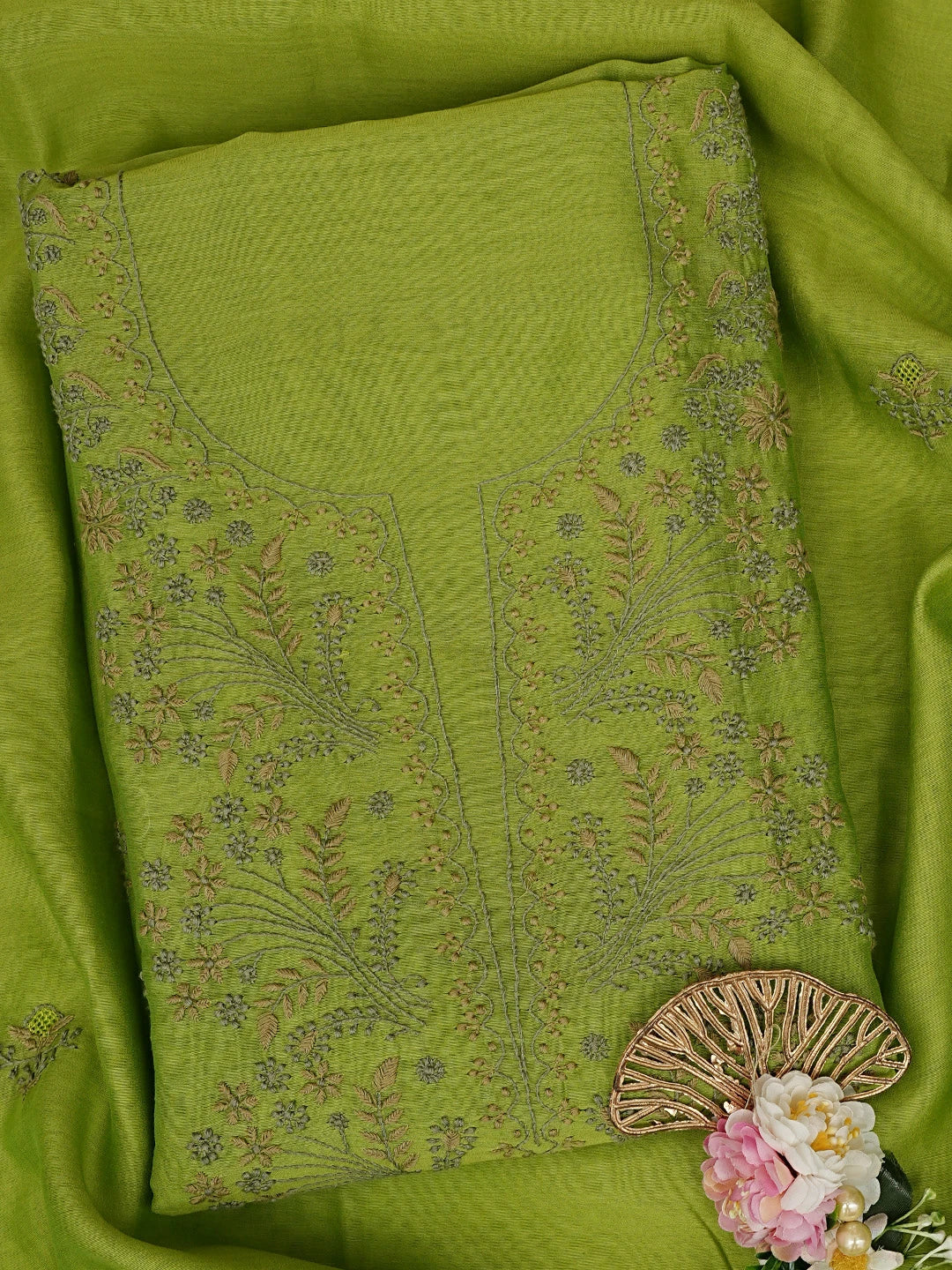 Ada Hand Embroidered Green Chanderi Lucknowi Chikankari Unstitched Kurta Dupatta Set 01A835825