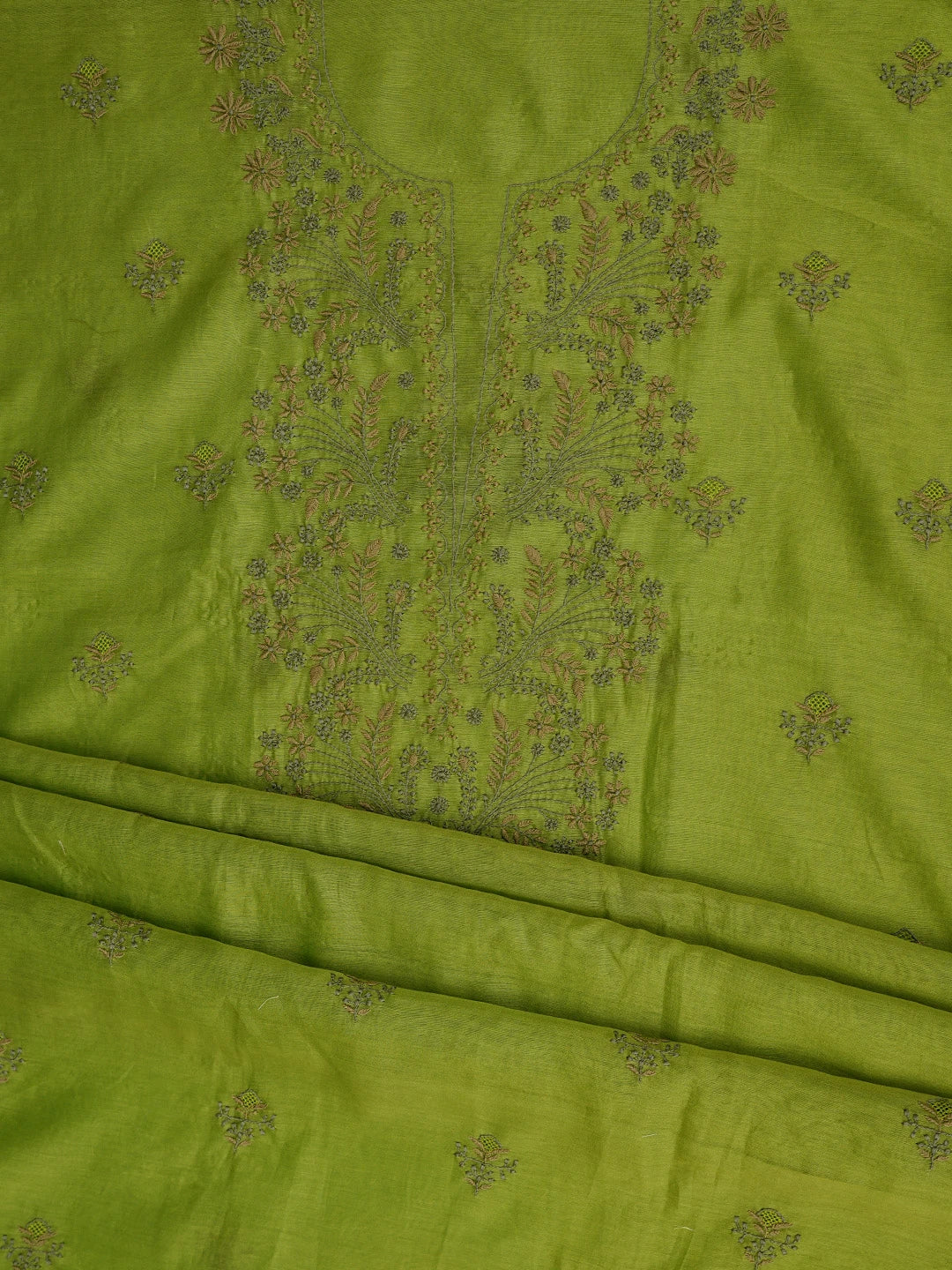 Ada Hand Embroidered Green Chanderi Lucknowi Chikankari Unstitched Kurta Dupatta Set 01A835825