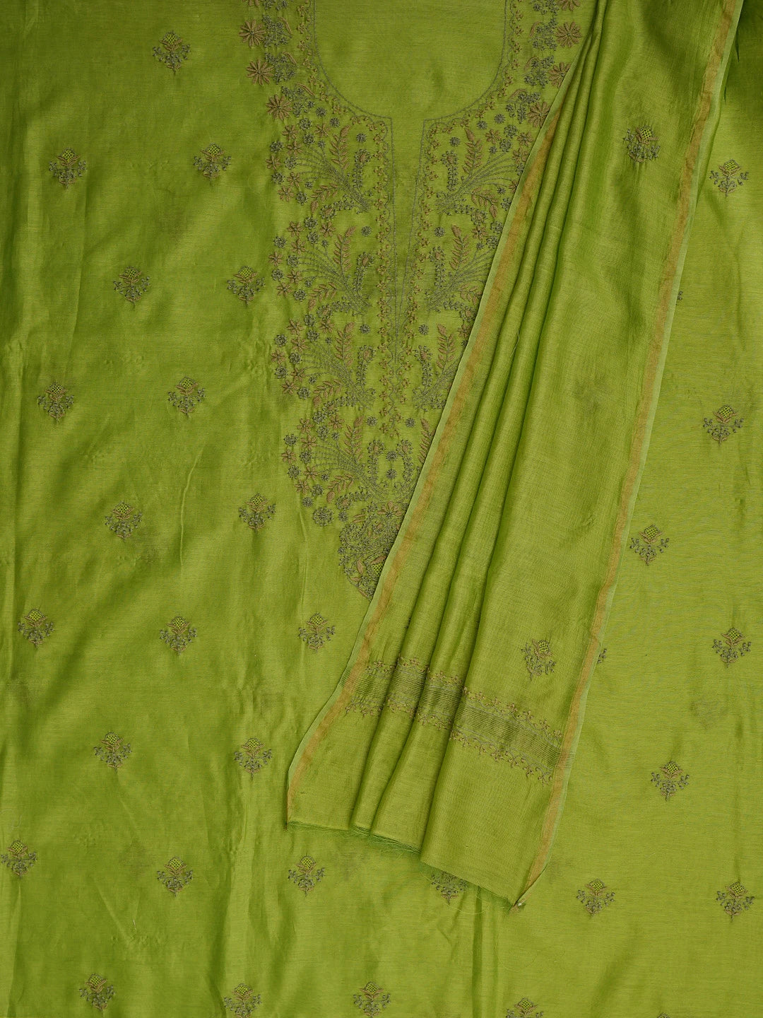 Ada Hand Embroidered Green Chanderi Lucknowi Chikankari Unstitched Kurta Dupatta Set 01A835825