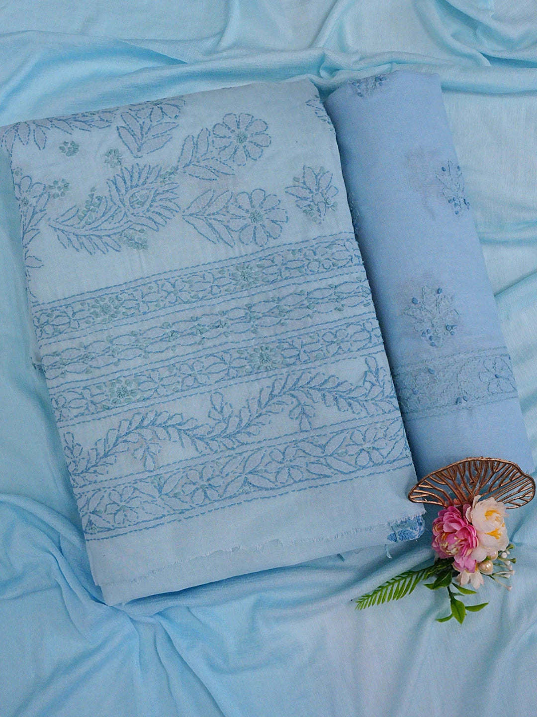 Ada Hand Embroidered Blue Cotton Lucknowi Chikankari Unstitched Suit Piece 01A862922