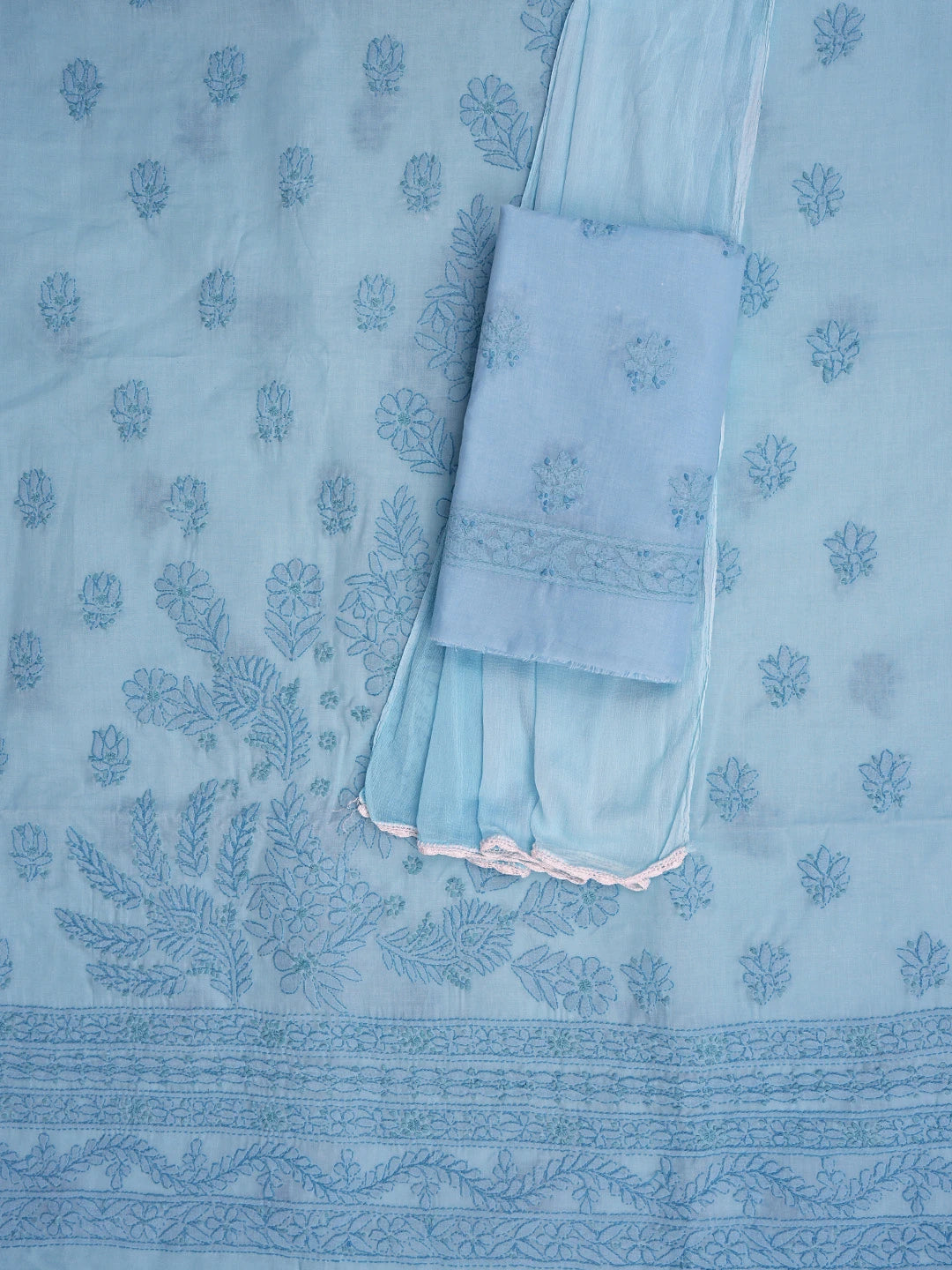 Ada Hand Embroidered Blue Cotton Lucknowi Chikankari Unstitched Suit Piece 01A862922