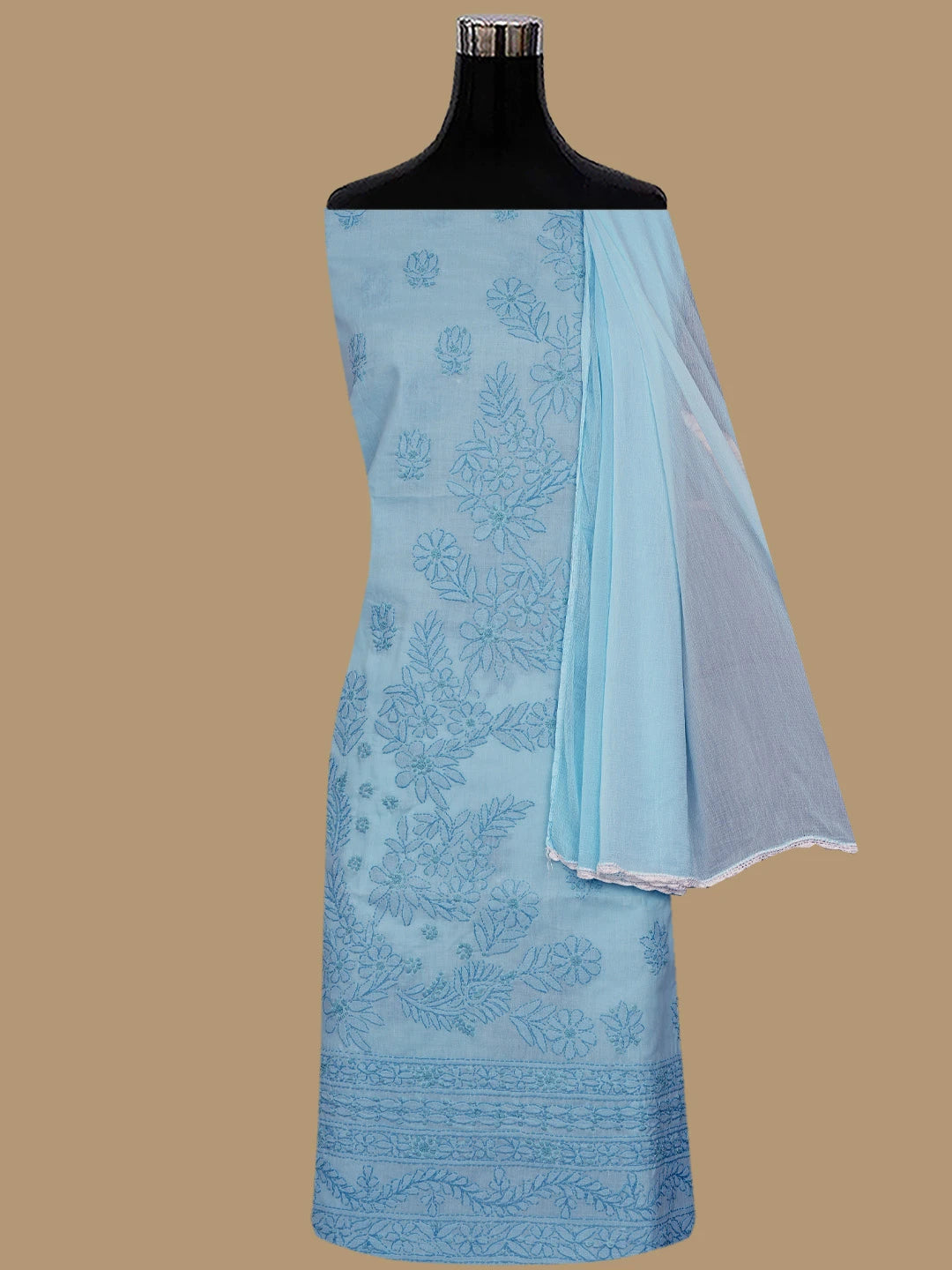Ada Hand Embroidered Blue Cotton Lucknowi Chikankari Unstitched Suit Piece 01A862922