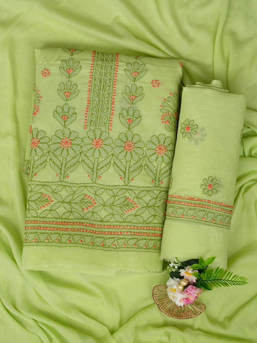 Ada Hand Embroidered Lime Green Cotton Lucknowi Chikankari Unstitched Suit Piece 01A863060