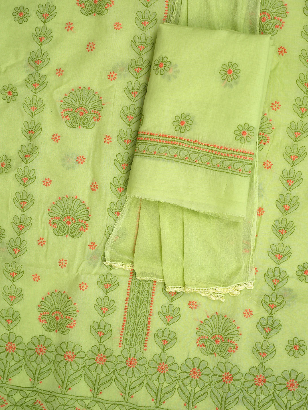Ada Hand Embroidered Lime Green Cotton Lucknowi Chikankari Unstitched Suit Piece 01A863060