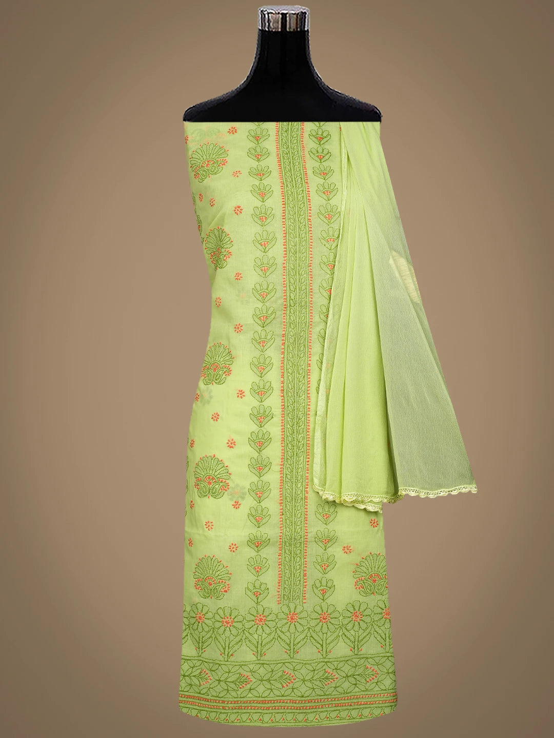 Ada Hand Embroidered Lime Green Cotton Lucknowi Chikankari Unstitched Suit Piece 01A863060