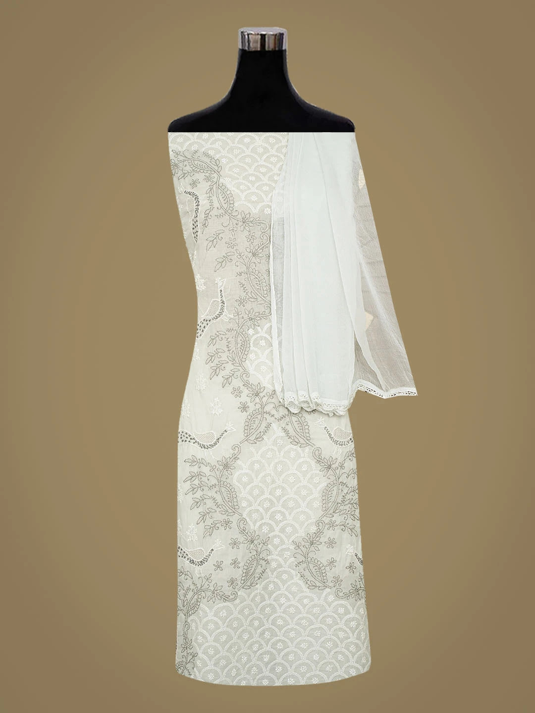 Ada Hand Embroidered Grey Cotton Lucknowi Chikankari Unstitched Suit Piece 01A844050