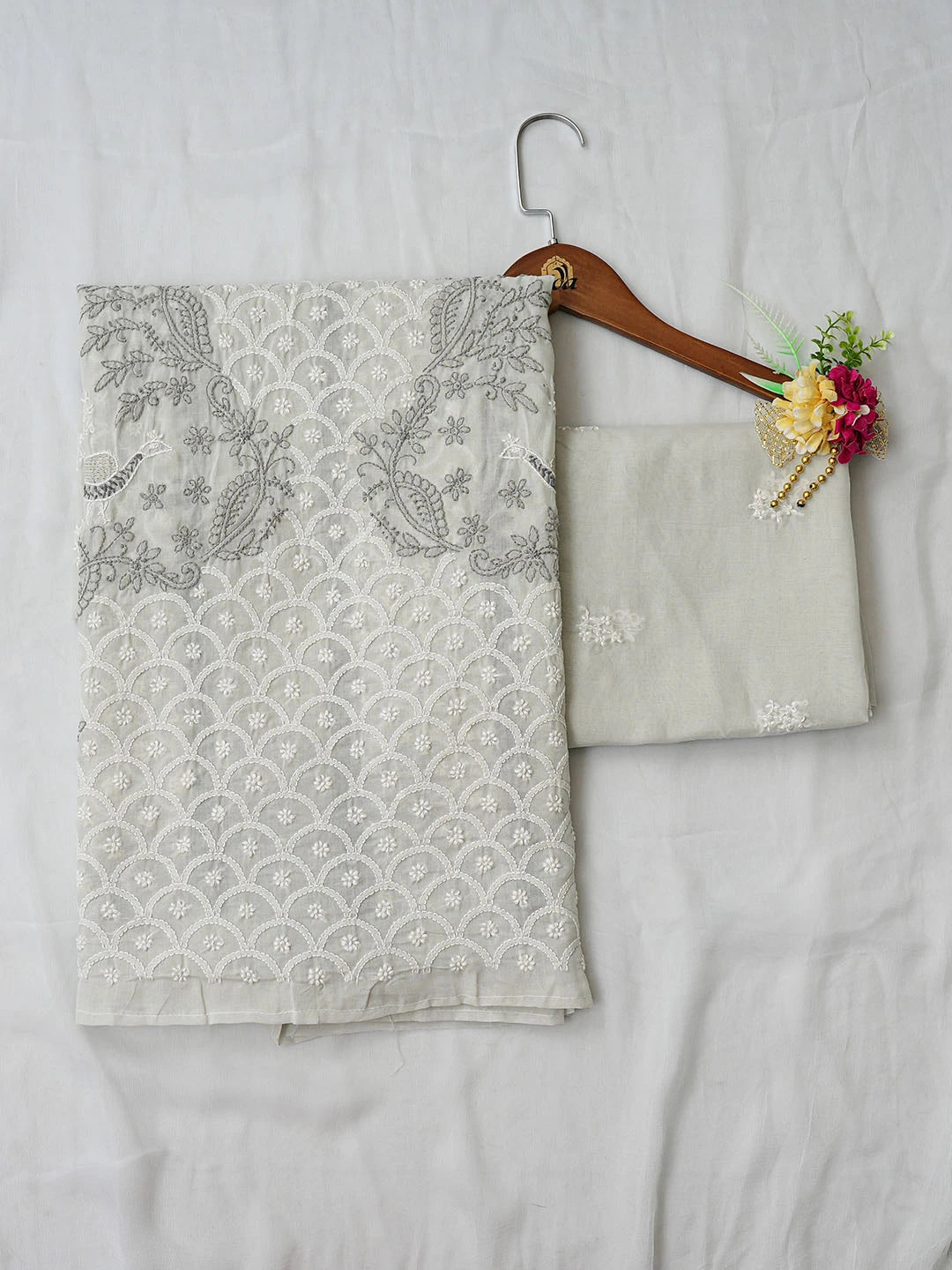 Ada Hand Embroidered Grey Cotton Lucknowi Chikankari Unstitched Suit Piece 01A844050