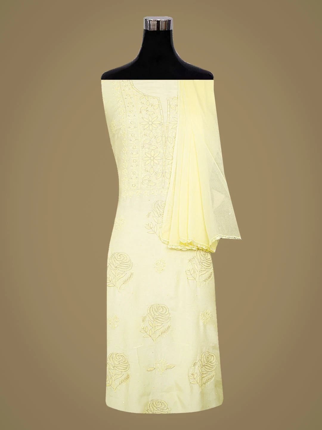 Ada Hand Embroidered Lemon Muslin Lucknowi Chikankari Unstitched Suit Piece With Cutdana Work 01A796122