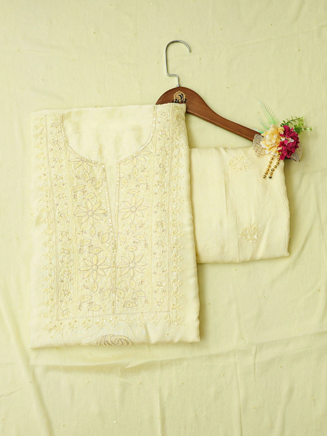 Ada Hand Embroidered Lemon Muslin Lucknowi Chikankari Unstitched Suit Piece With Cutdana Work 01A796122