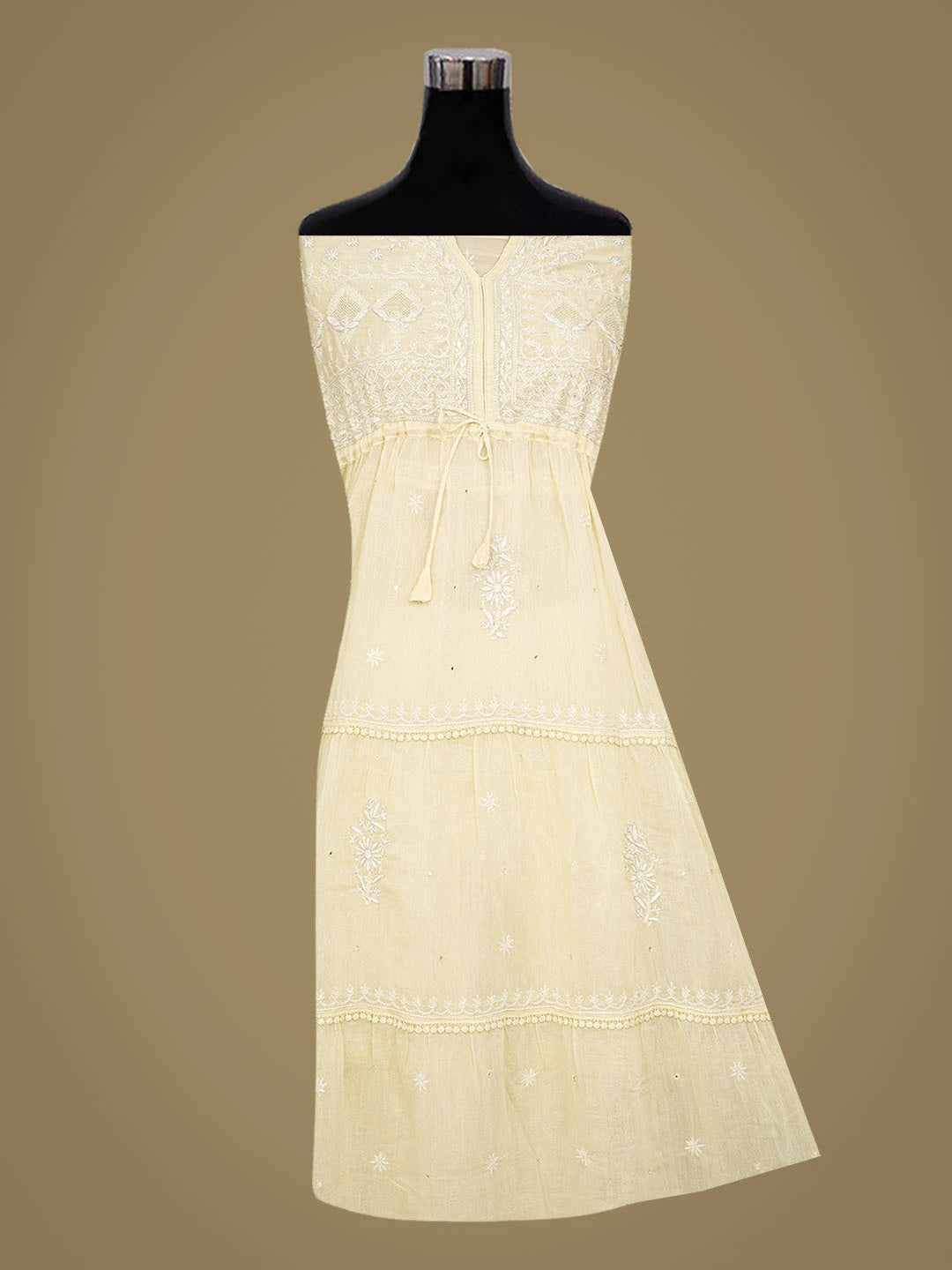 Ada Hand Embroidered Fawn Chanderi Lucknowi Chikankari Semi-Stitched Kurta Piece With Cutdana Work 01A559585