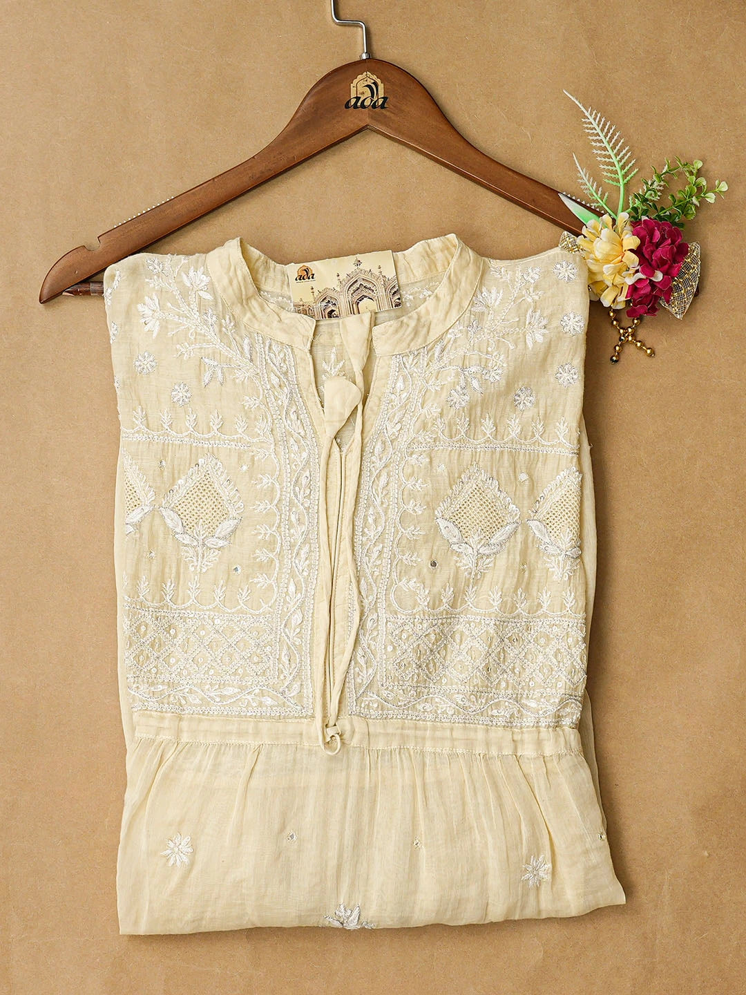 Ada Hand Embroidered Fawn Chanderi Lucknowi Chikankari Semi-Stitched Kurta Piece With Cutdana Work 01A559585