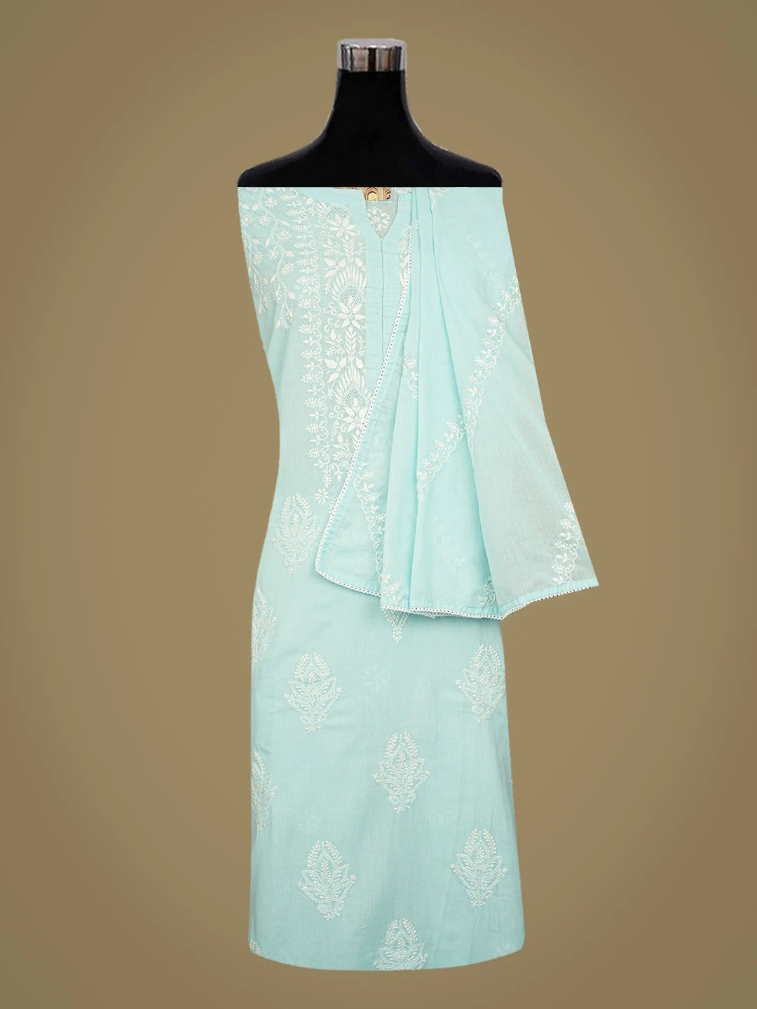 Ada Hand Embroidered Blue Cotton Lucknowi Chikankari Semi-Stitched Kurta Dupatta Set 01A832338