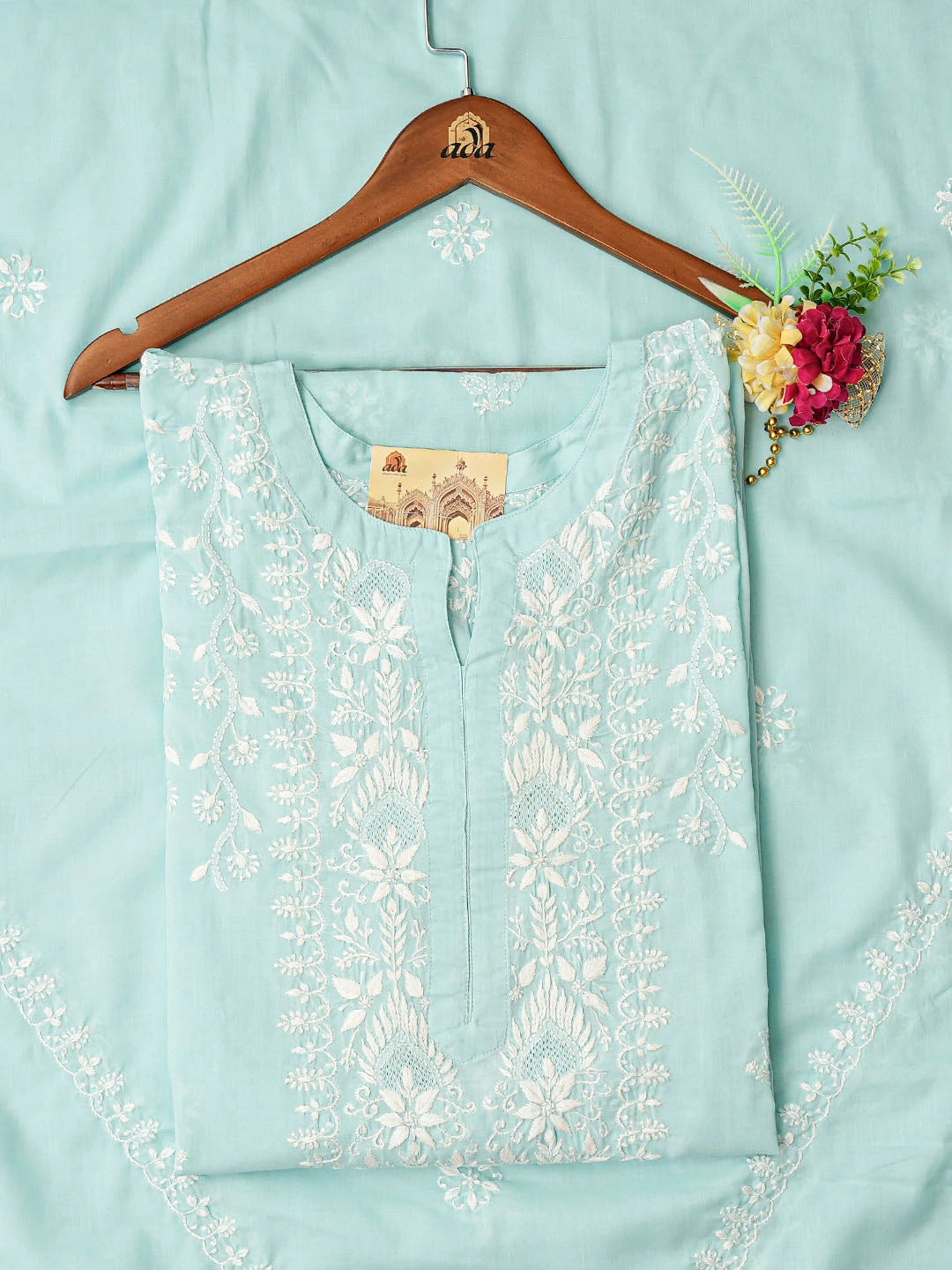 Ada Hand Embroidered Blue Cotton Lucknowi Chikankari Semi-Stitched Kurta Dupatta Set 01A832338