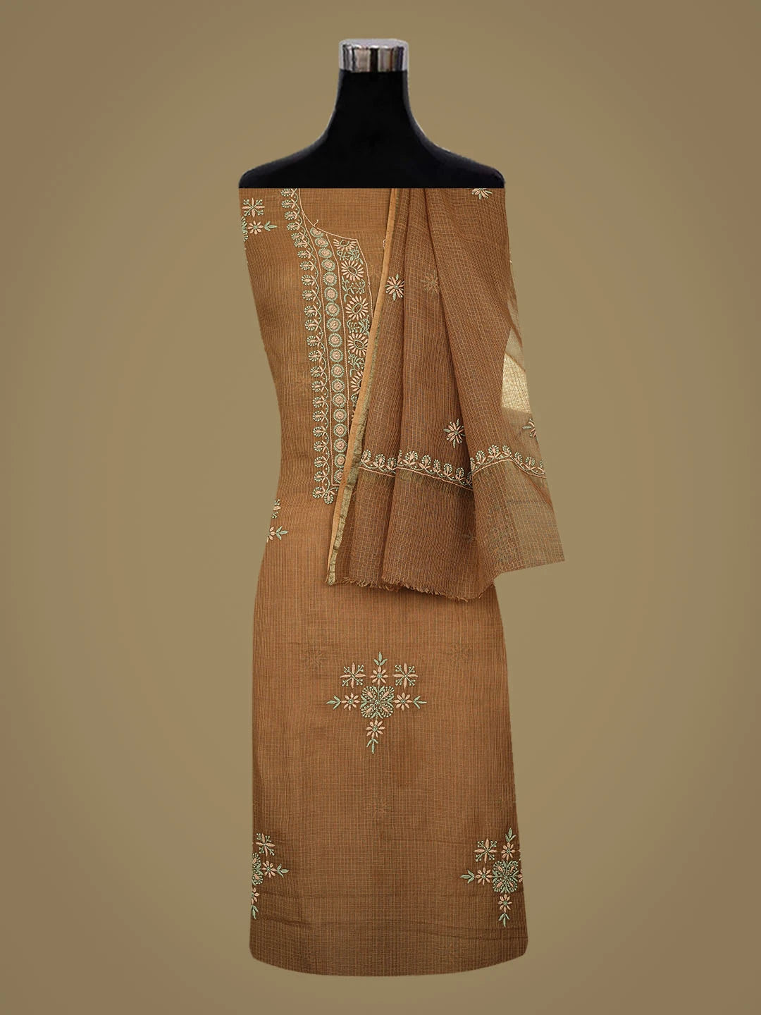 Ada Hand Embroidered Brown Kota Lucknowi Chikankari Unstitched Kurta Dupatta Set 01A760425