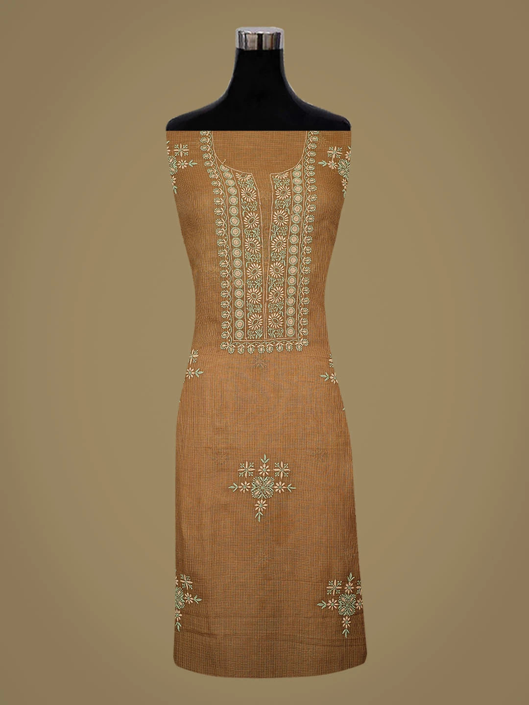 Ada Hand Embroidered Brown Kota Lucknowi Chikankari Unstitched Kurta Dupatta Set 01A760425