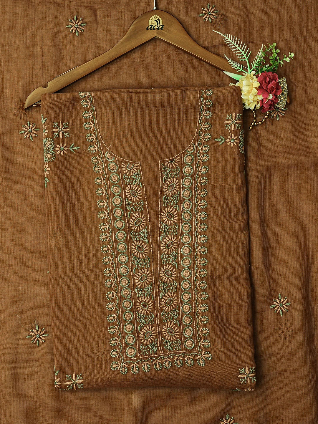 Ada Hand Embroidered Brown Kota Lucknowi Chikankari Unstitched Kurta Dupatta Set 01A760425