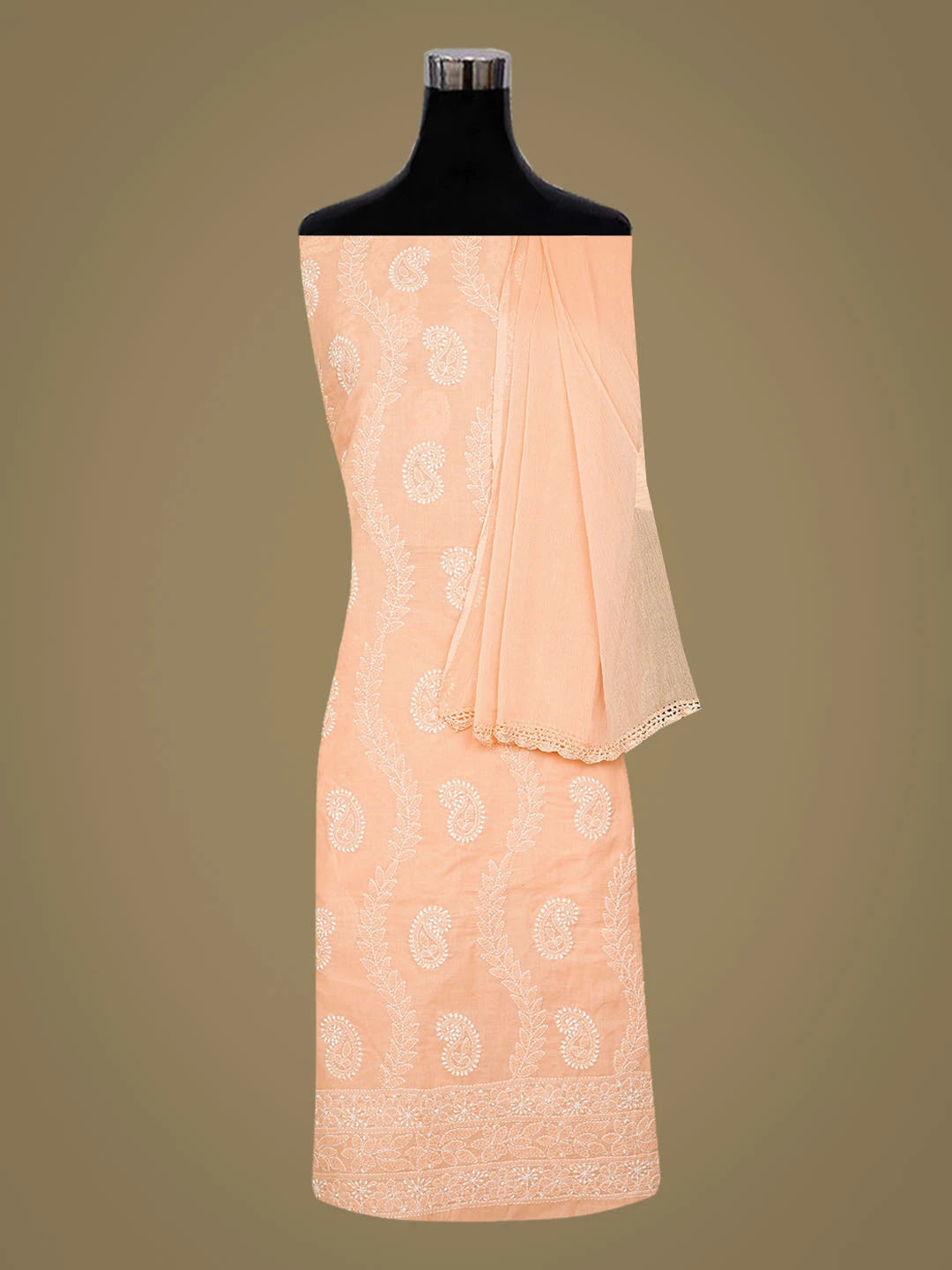 Ada Hand Embroidered Peach Cotton Lucknowi Chikankari Unstitched Suit Piece 01A861462
