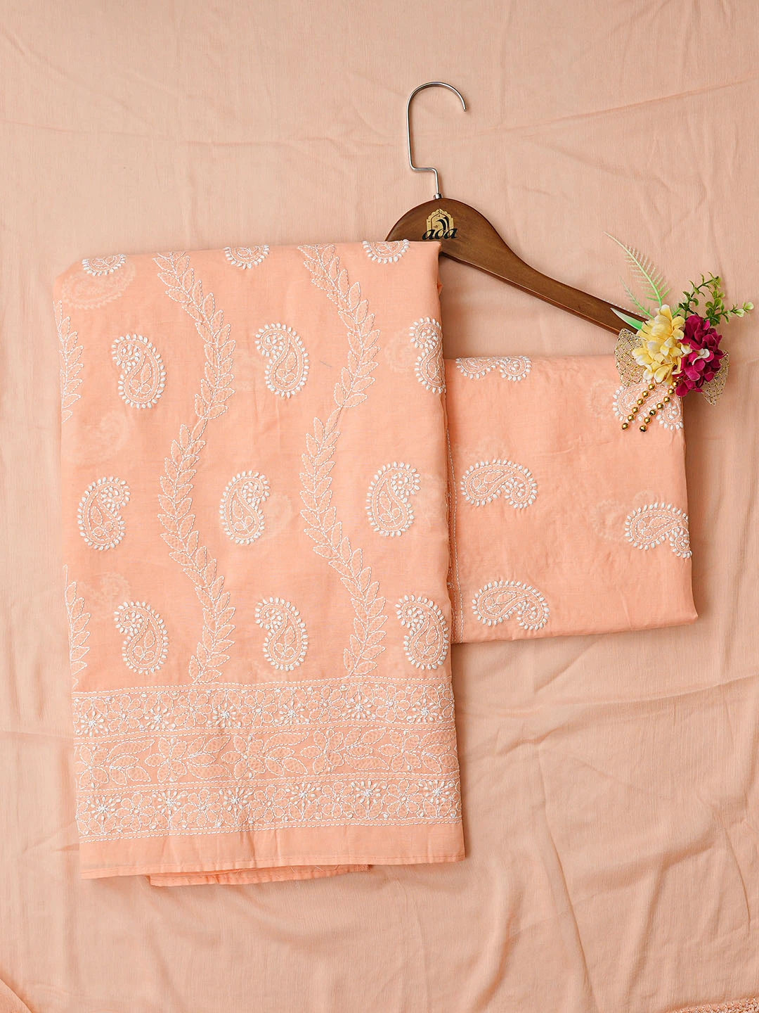 Ada Hand Embroidered Peach Cotton Lucknowi Chikankari Unstitched Suit Piece 01A861462